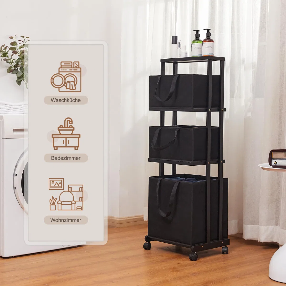 Yorbay Cestos para la Colada，Estantería de Baño en Bambú con Ruedas, 121x42x34cm, Para Ropa Sucia, Armario con Cesta para Organización de Colada (Negro)