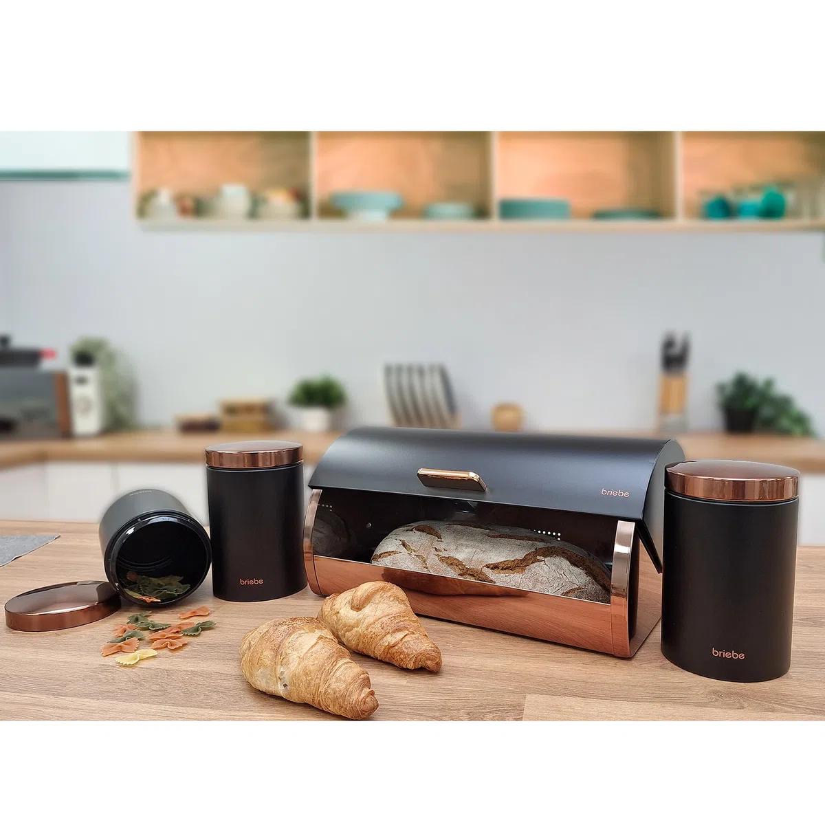 briebe Set Panera de Mesa + Juego de 3 Botes Cocina Almacenaje, Acero Inoxidable, Contenedor para Guardar Pan y Bollería, Tapa Deslizante, Diseño Moderno, Bread Box, Negro Mate/Oro Rosa