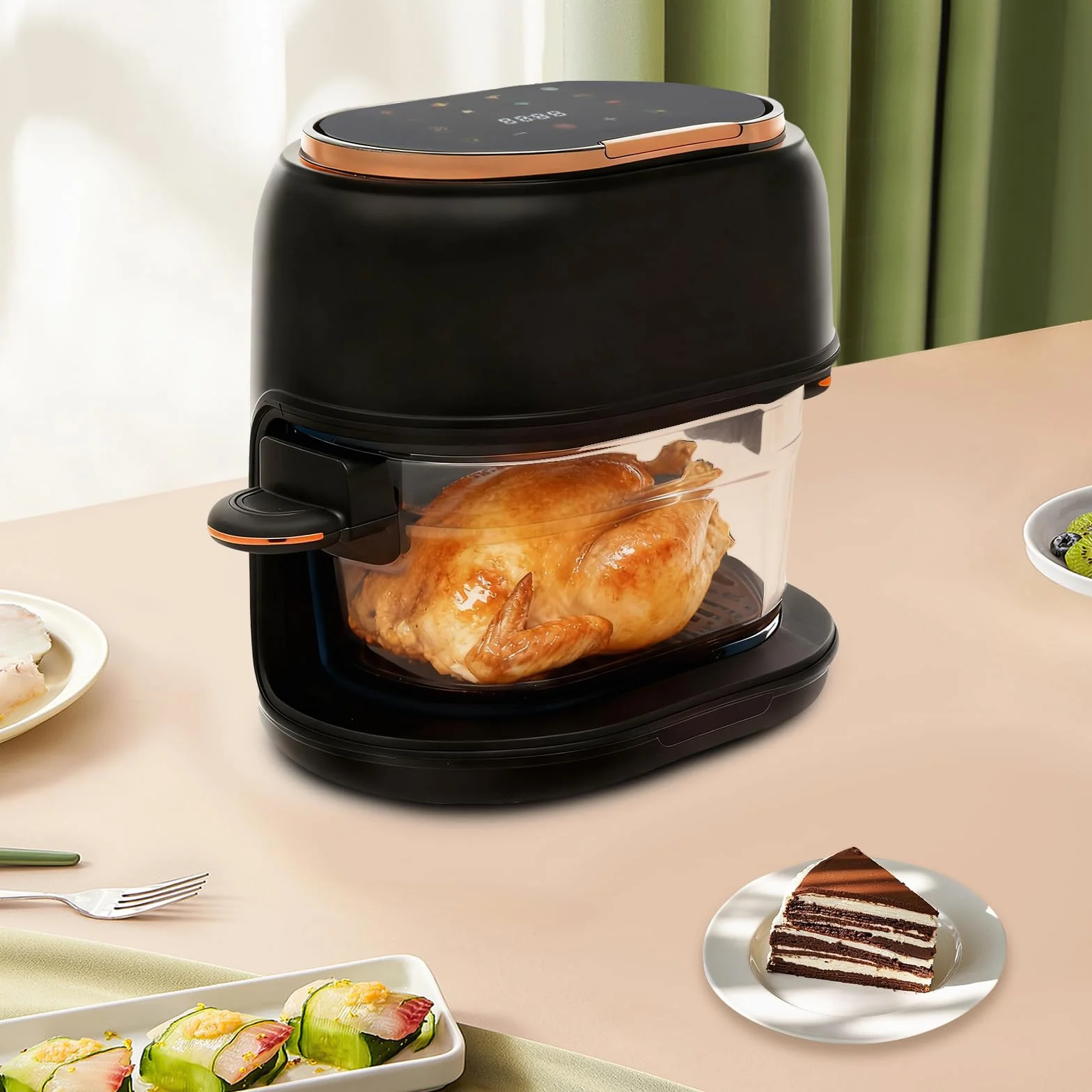 Freidora de aire caliente de 4 L con pantalla táctil y cesta de cristal visible, 1350 W, 220-240 V, 140-374 F, temporizador de 24 horas, freidora de aire caliente multifuncional para familia, patatas