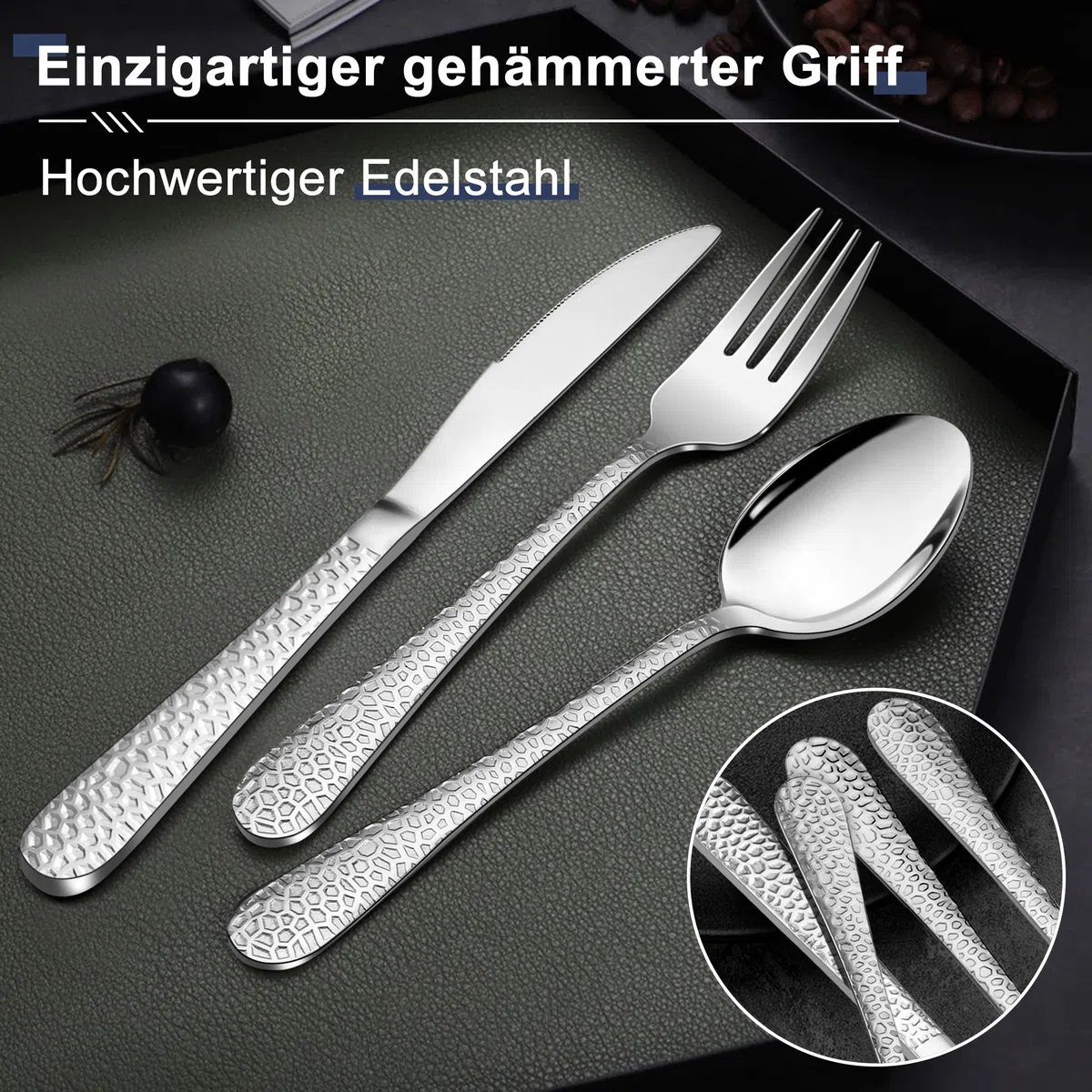 HaWare Juego de cubiertos de acero inoxidable de 72 piezas con cuchillo de carne para 12 personas, moderno juego de cubiertos con mango de martillo, cuchillo, tenedor y cuchara, para casa/restaurante,