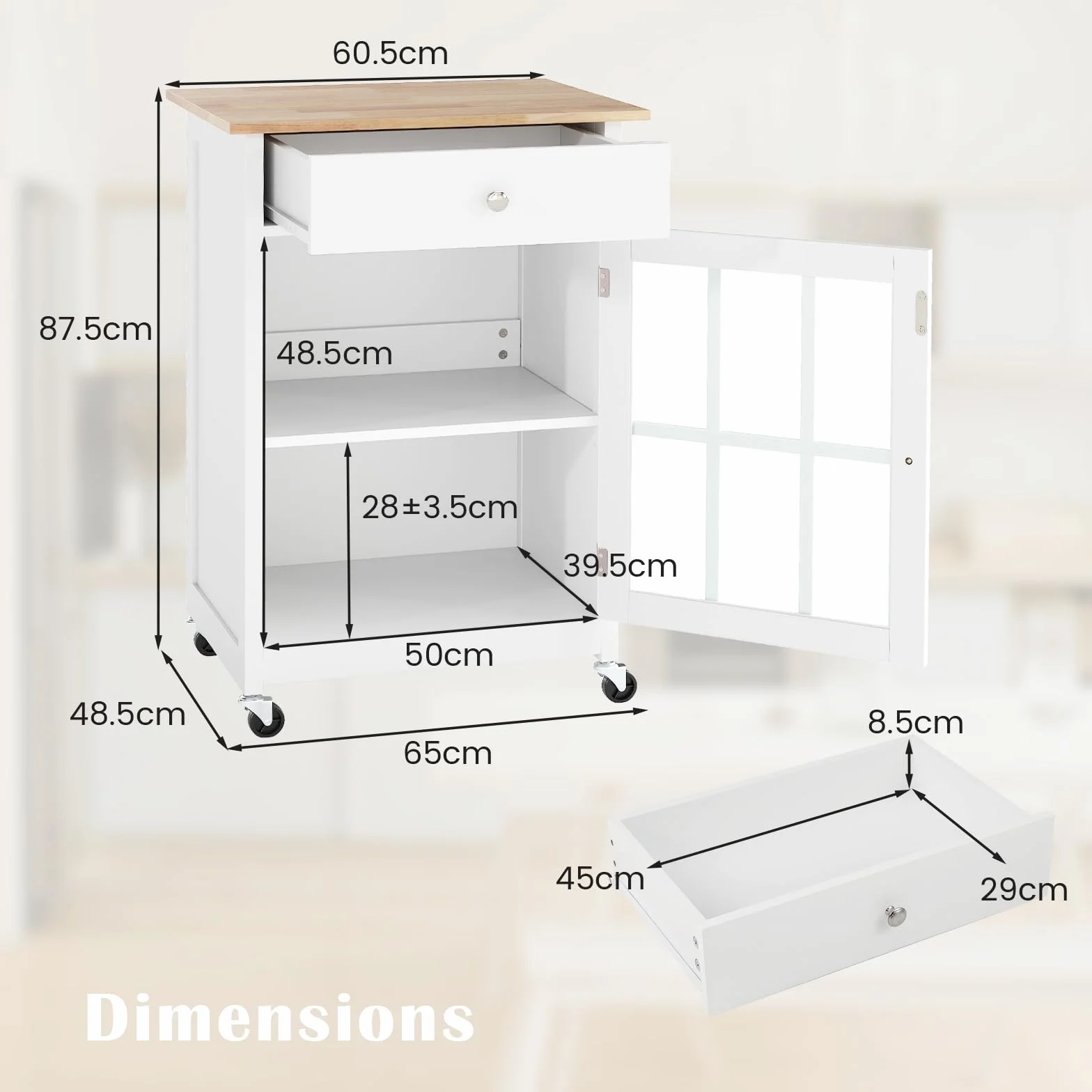 KOMFOTTEU Carrito de Cocina con Ruedas, Carro de Servicio con Cajón, Puerta de Vidrio Templado, Toallero, Tablero de Madera de Caucho, Mesa de Bar Móvil con Estante Ajustable para Salón