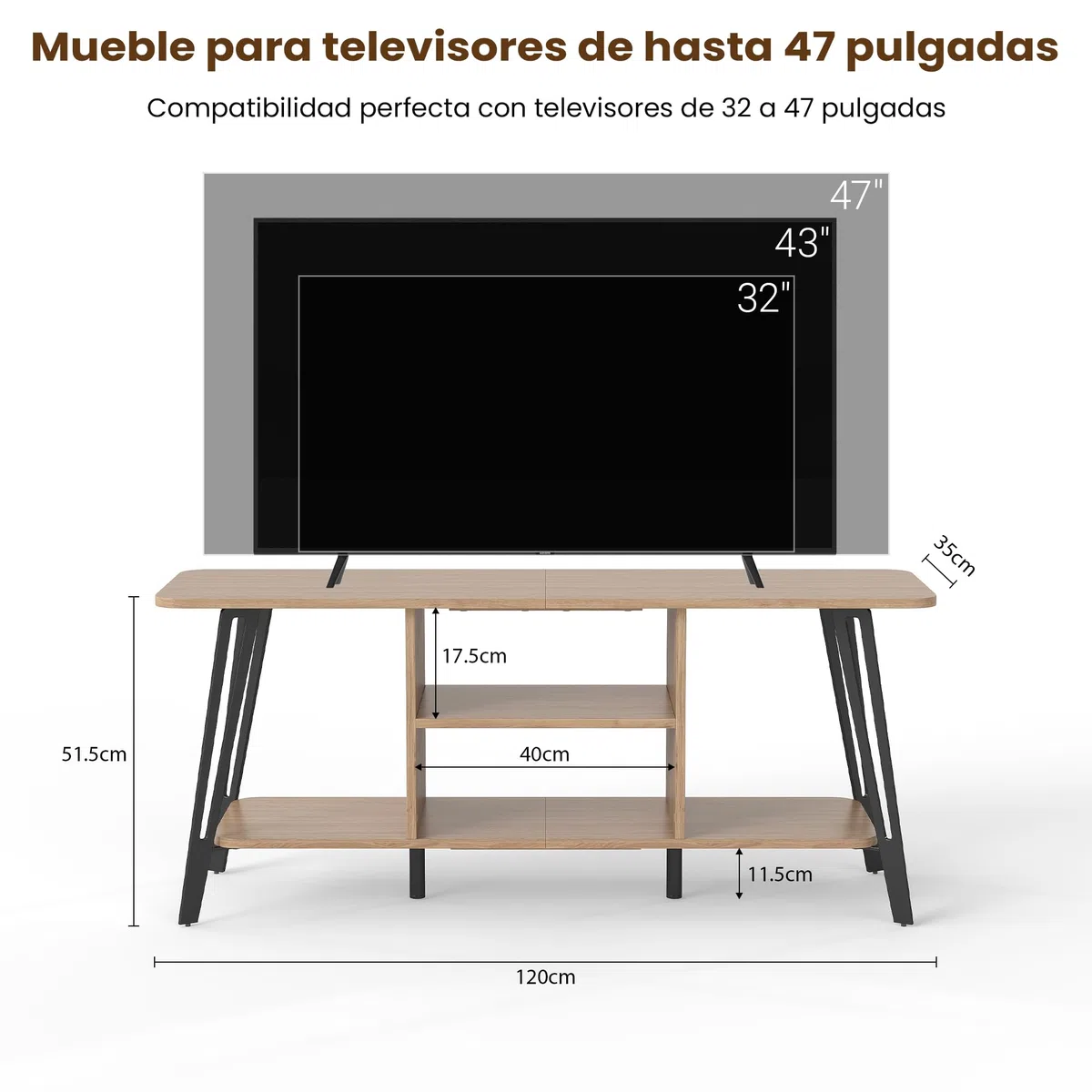 Manora Mueble de TV Moderno Industrial, Mesa de TV para hasta 55 Pulgadas, Mueble TV Salon con Compartimentos Abiertos, Mueble Television para Salon, Dormitorio, 120 x 35 x 52 cm, Roble