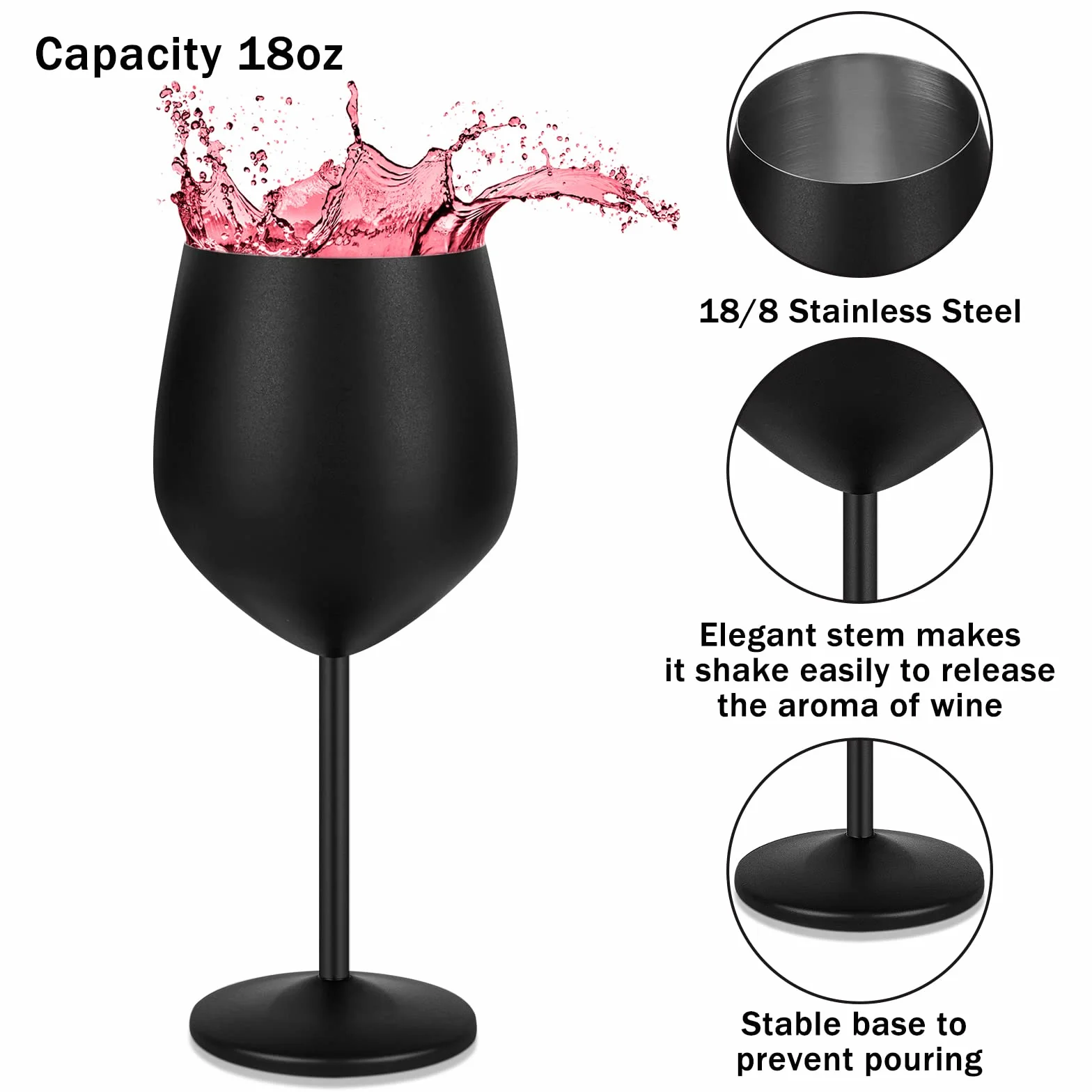 Lifecapido Juego de 4 copas de vino de acero inoxidable, copas de vino de acero inoxidable de 18 onzas con cepillo para tazas, copas de vino de metal con tallo para fiesta, oficina, boda, aniversario,