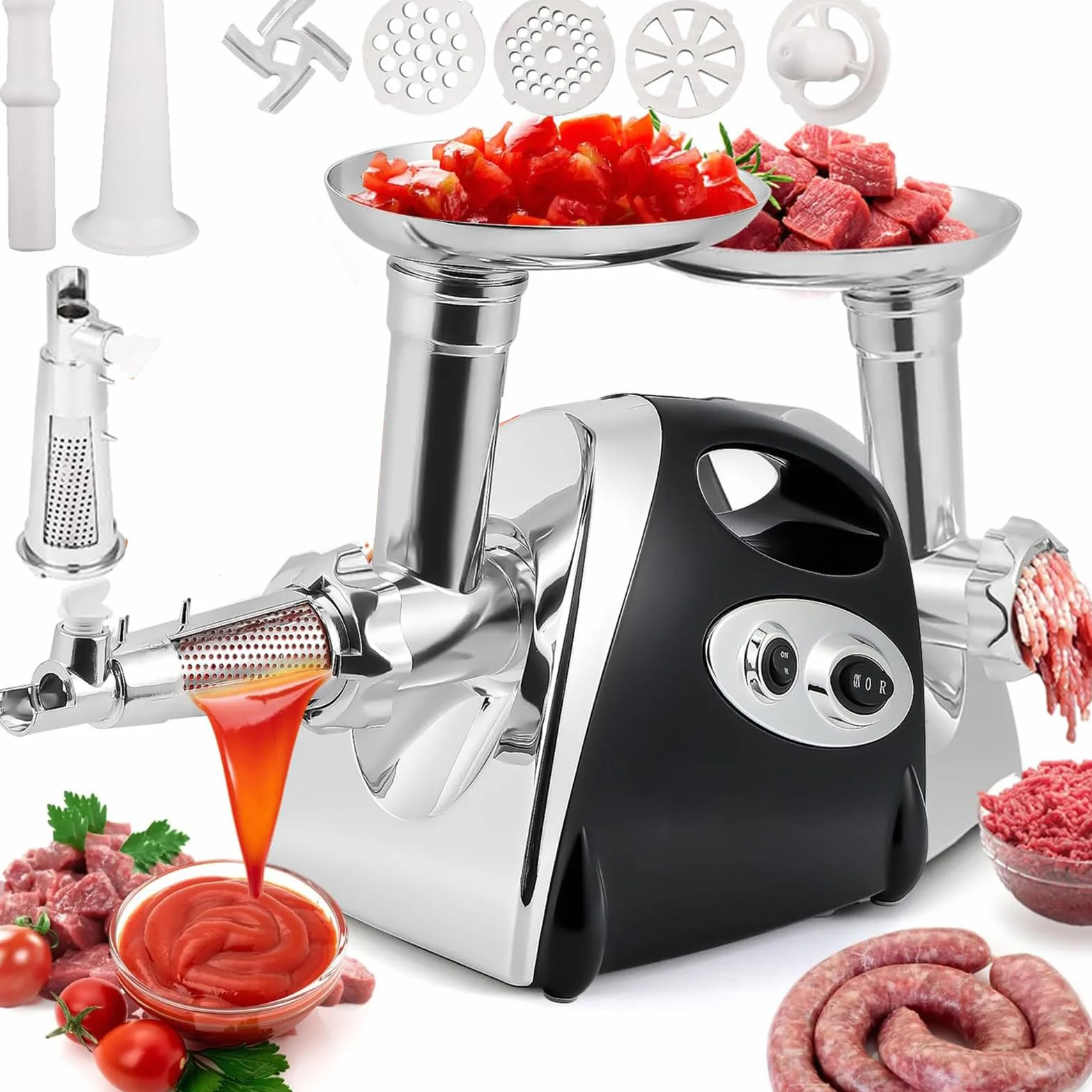 Picadora de carne eléctrica y colador de tomate, embutidora de salchichas 3 en 1 con 3 platos de molienda y kit Kubbe, máquina profesional para hacer salsa de tomate y picadora de carne para cocina