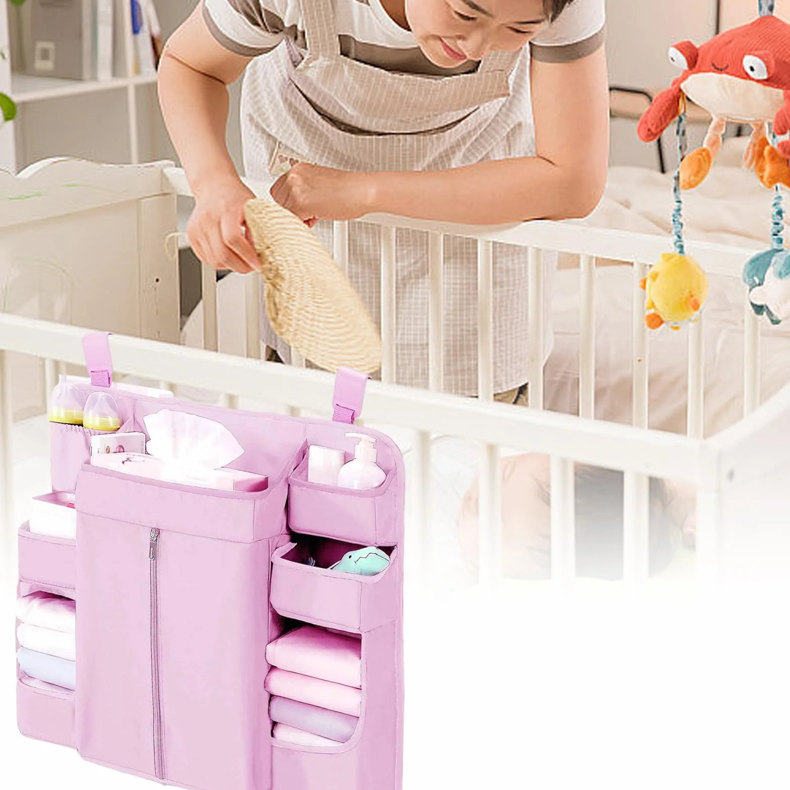 Organizadores colgantes para cuna de bebé, 6 compartimentos, bolsillo grande con cremallera, tela resistente, solución de almacenamiento ajustable para cuna