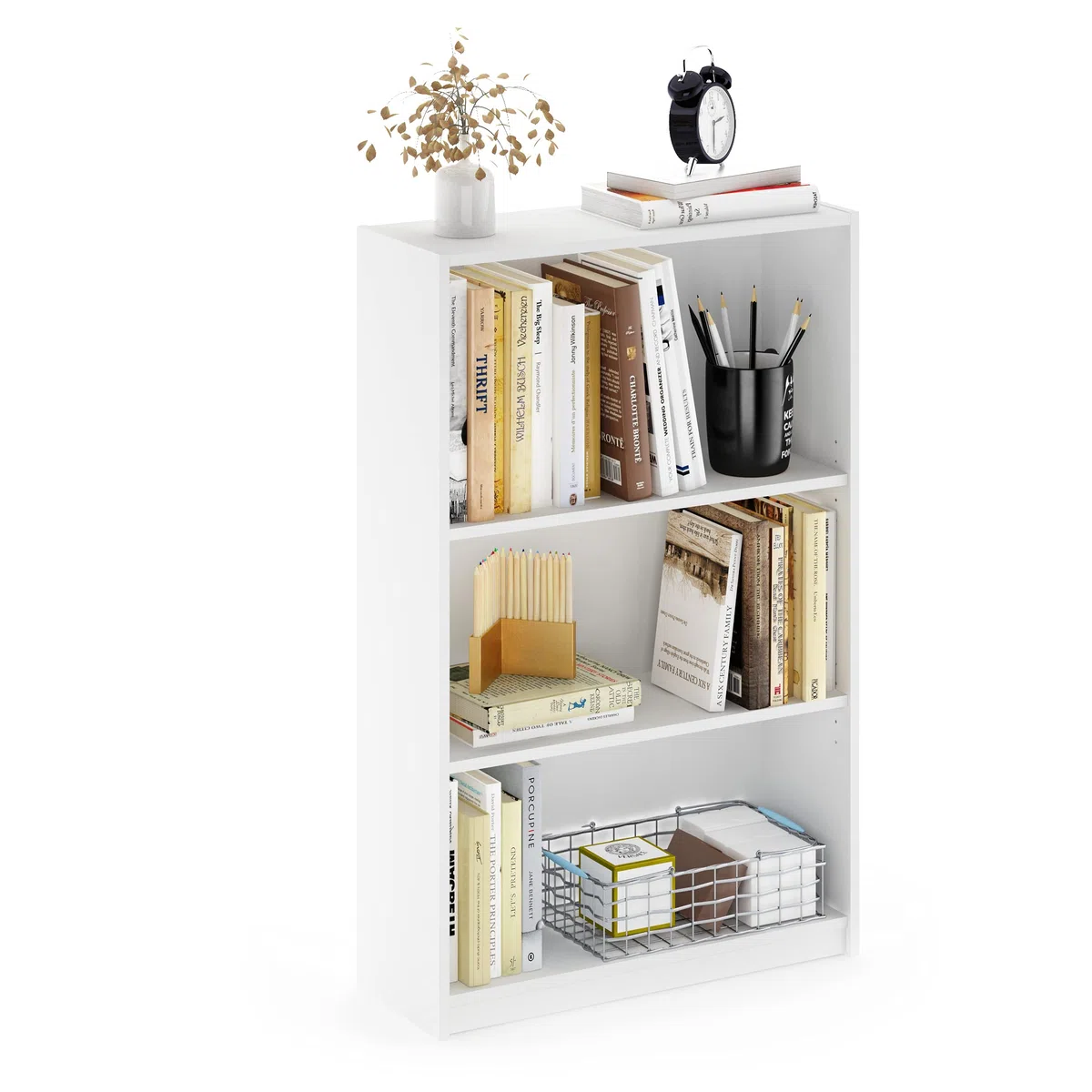 Furinno Jaya Estantería, Librero de 3 niveles con Repisas Ajustables, 24.1 x 62.2 x 102.4 cm, para organización y almacenamiento, para sala de estar, dormitorio y oficina en casa, Blanco