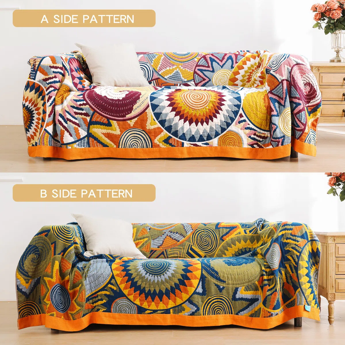 VANJOROY Manta bohemia de doble cara para sofá, cama grande, 100% algodón orgánico, cálida, suave, lujosa manta bohemia para sofá de 2 y 3 plazas, sillón y sofá, 150 x 200 cm, colorido