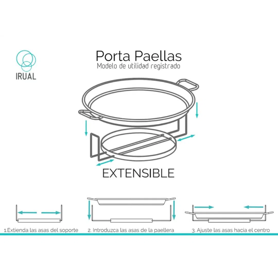 Porta Paellas Extensible de Acero Inoxidable – De 32 a 55 cm – Soporte Estable y Salvamanteles para Paellas – Agarre Seguro – Ideal para Servir y Presentar Arroces (i32)