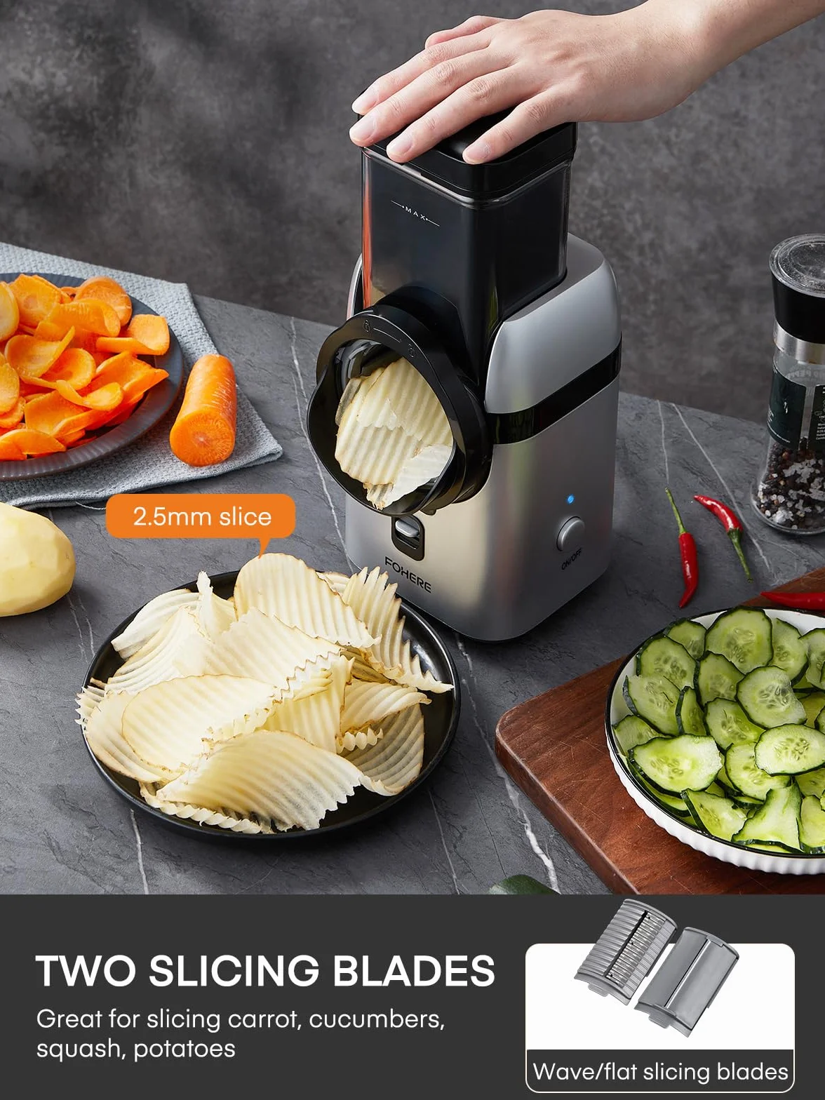 FOHERE Cortador de Verduras Eléctrico Rallador Multifunción para Frutas | 5 en 1 con Motor 80W, varias Cuchillas Intercambiables y Caja de Almacenamiento. Procesa Patatas Enteras