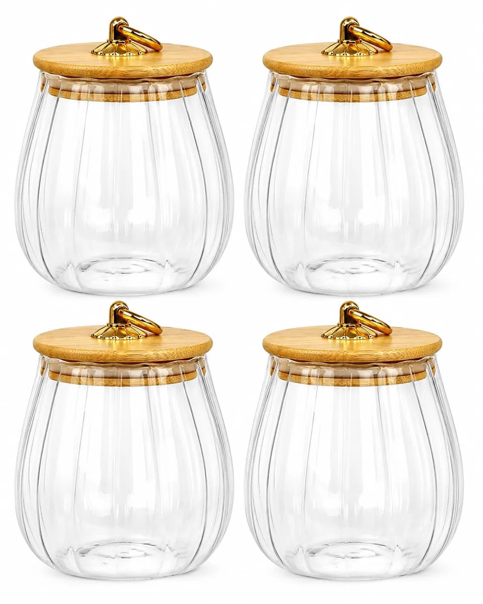 Botes de vidrio, paquete de 4 botes de vidrio de 25 onzas con tapas herméticas, recipientes de vidrio con tapas de bambú, tarros de galletas de vidrio pequeños tarros de almacenamiento para