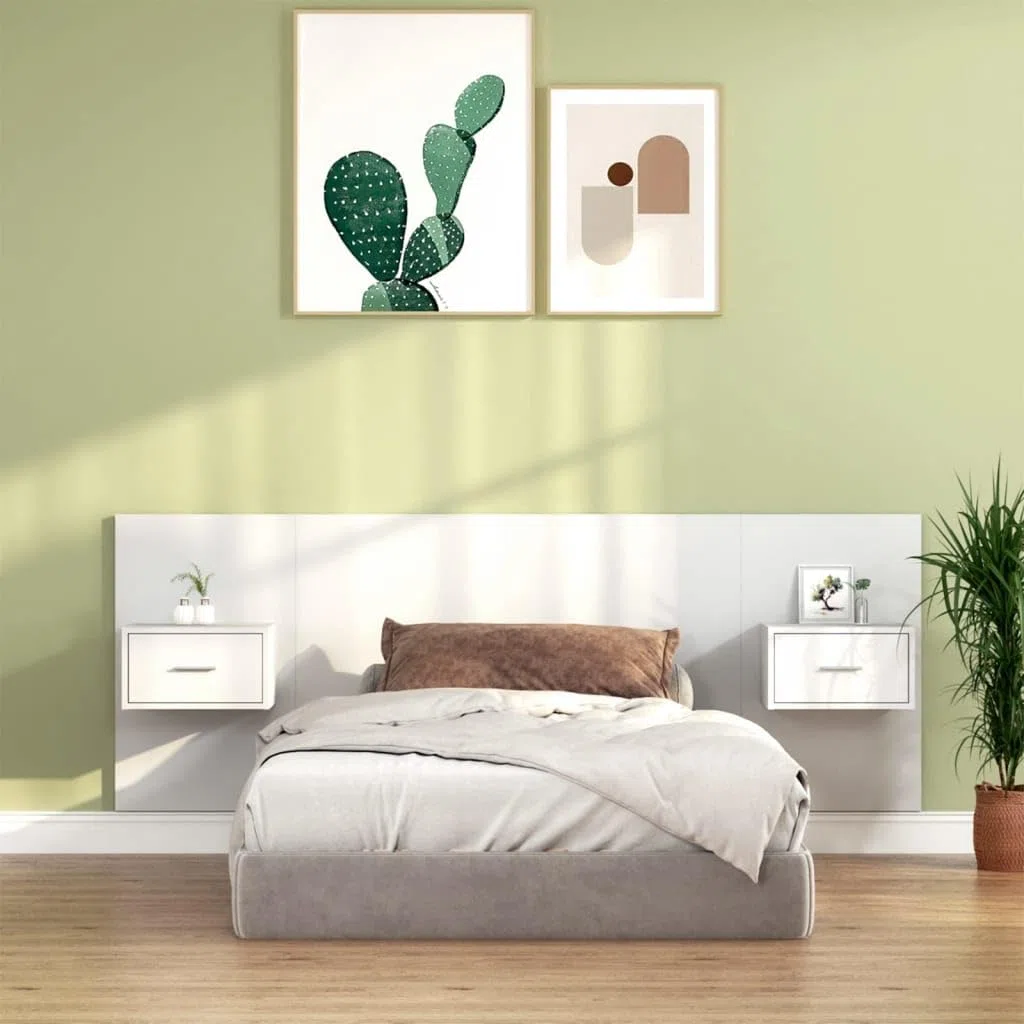 vidaXL Cabecero de Cama Cabezal Dormitorio Estructura Habitación Mobiliario Muebles Decoración Adorno con Mesitas Madera Contrachapada Blanco