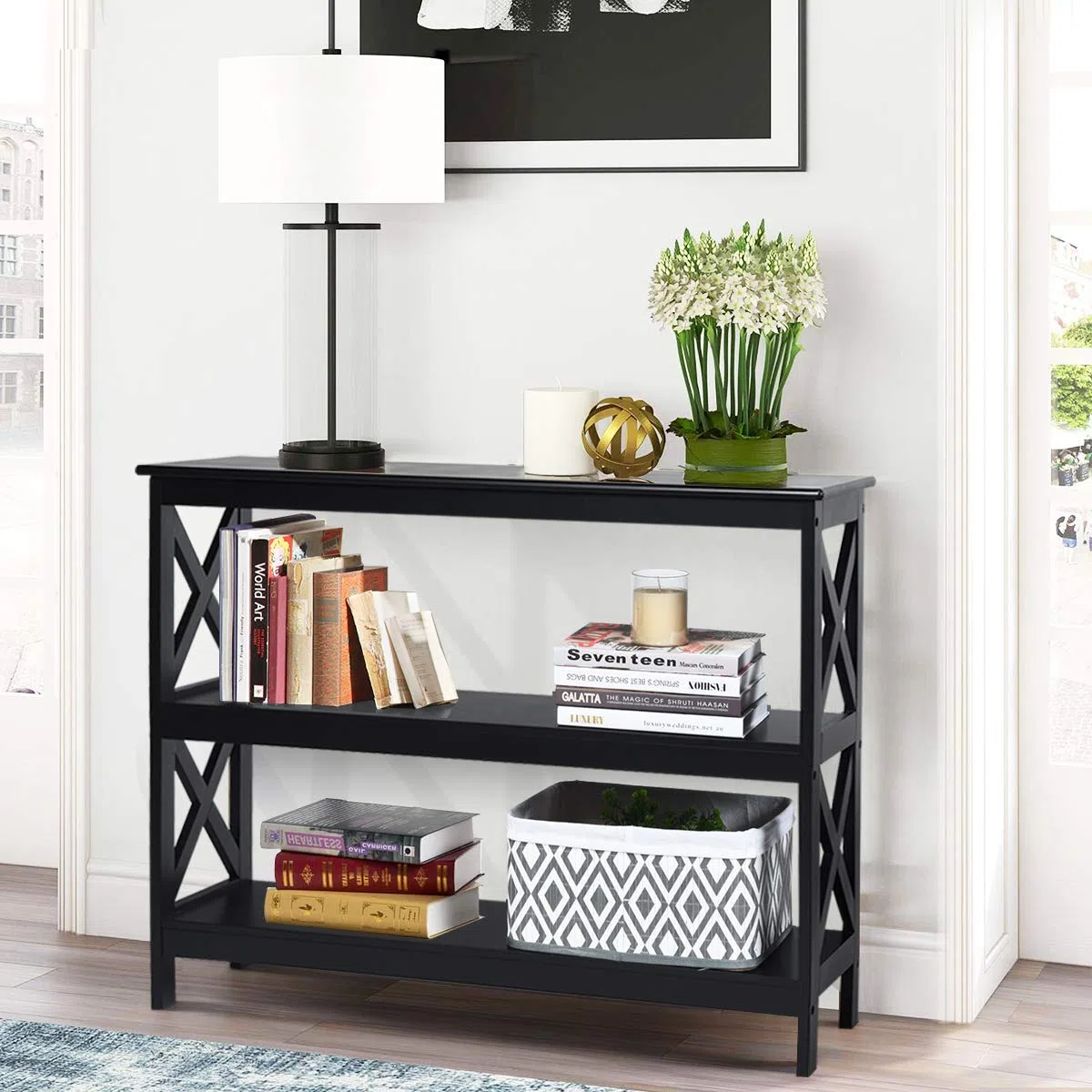 COSTWAY Mesa Consola Mesa Auxiliar de 3 Niveles Mesita con Estante Estantería 100x30x80 centímetros Mueble para Salón Pasillo (Negro)