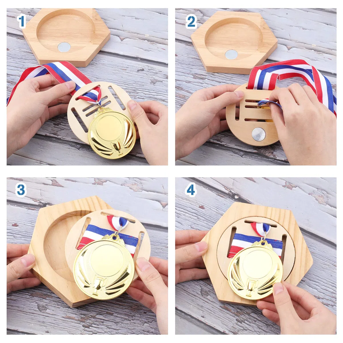 AHANDMAKER 6 Piezas de Madera para Exhibir Medallas, Caja de Almacenamiento de Medallas de Panal Hexagonal, Estante de Exhibición de Medallas para Todas Las Medallas Deportivas, Medalla de Correr
