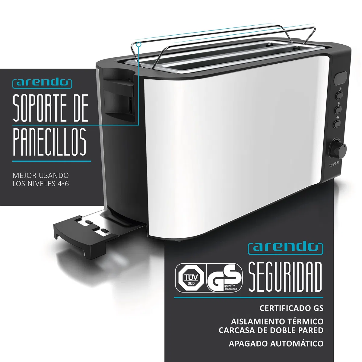 Arendo - Tostadora 4 rebanadas con ranuras largas - 1500 W - 6 niveles - Pantalla indicadora - Descongelación y calentamiento - Soporte panecillos - Bandeja de migas - Doble pared - Acero inoxidable