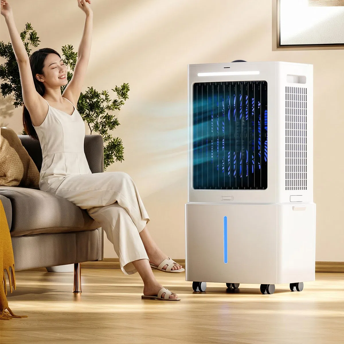 Enfriador de Aire Sin Tubo Depósito Extraíble 25L, 3 en 1 Climatizador Evaporativo Silencioso, 24 Velocidades, Temporizador 12H, Mando, 6 Bloques de Hielo para Casa