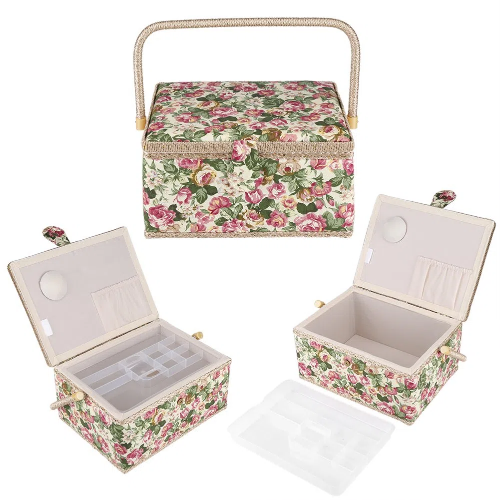 Costurero Dioche con flores de rosa, cesta de costura con estampado y mango ergonómico para organizador del hogar, 30,5 x 23,1 x 15,5 cm