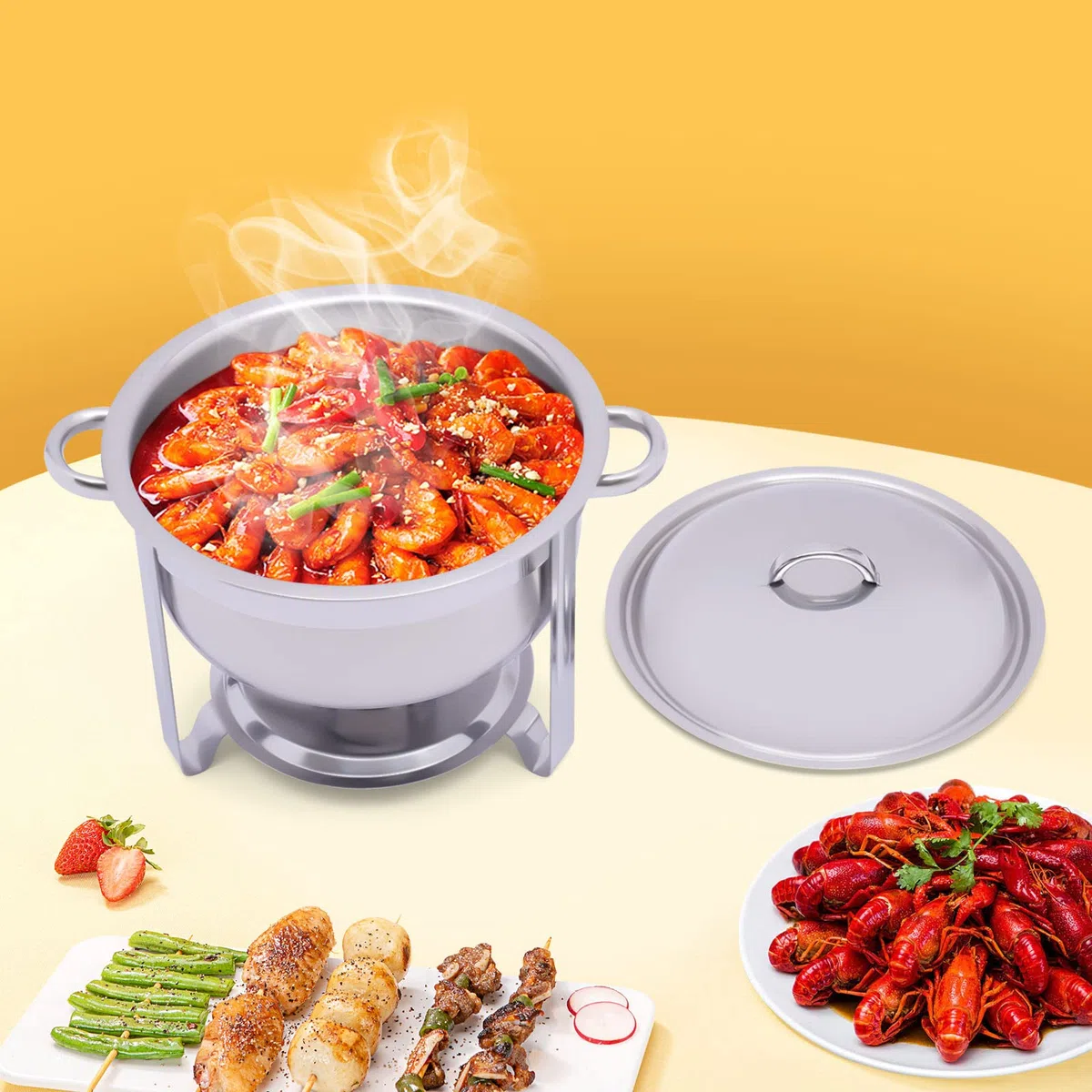 Chafing Dish - Calentador de alimentos redondo de acero inoxidable de 5 l, para buffet, catering, catering, gastro, color plateado