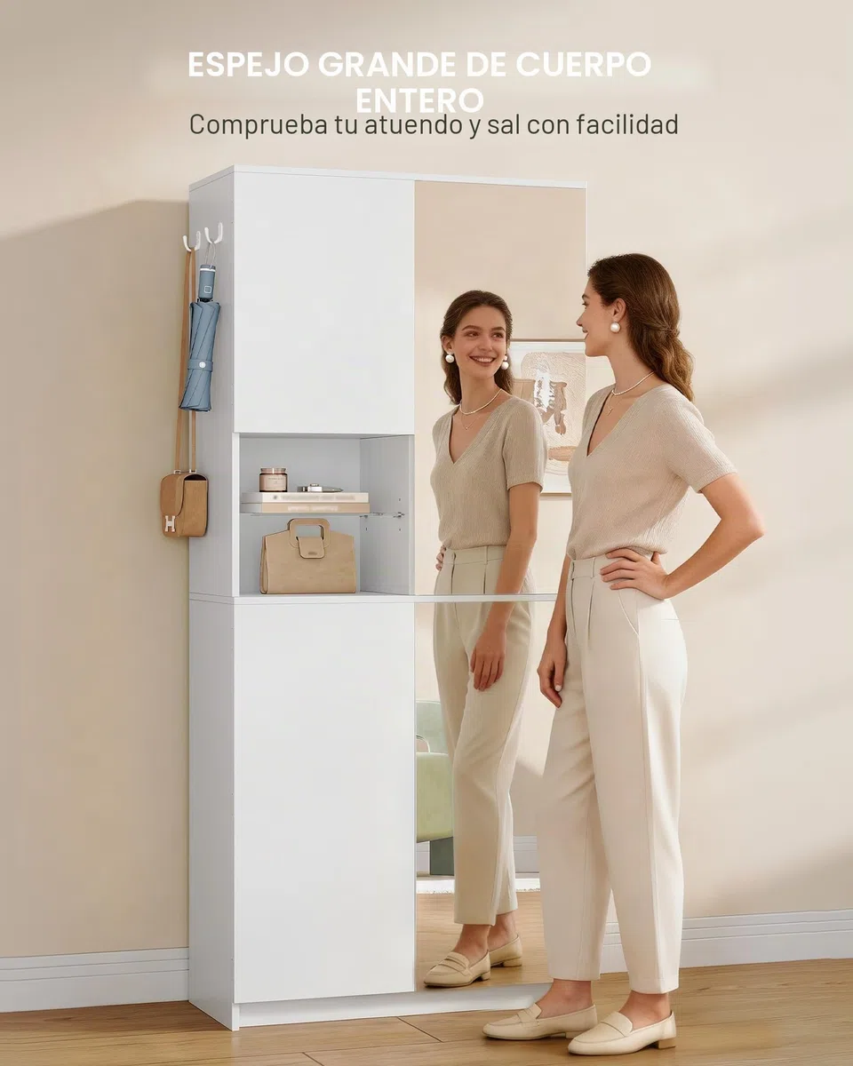 Hzuaneri Zapatero Alto con Espejo, Mueble de Recibidor para 36-40 Pares de Zapatos, Armario de Entrada con Mecanismo Push-to-Open, Estantes Ajustables, 2 Ganchos y Estante Abierto 36x80x180 cm Blanco | Apertura por presión, separador ajustable, 2 ganchos,