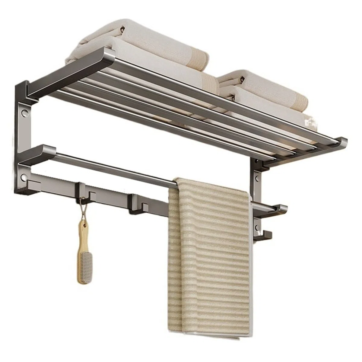 LUUYYI Estante de baño para baño, toallero de acero inoxidable con barra de toalla y ganchos, estante plegable montado en la pared, estantes flotantes negro/gris (gris pistola, M)