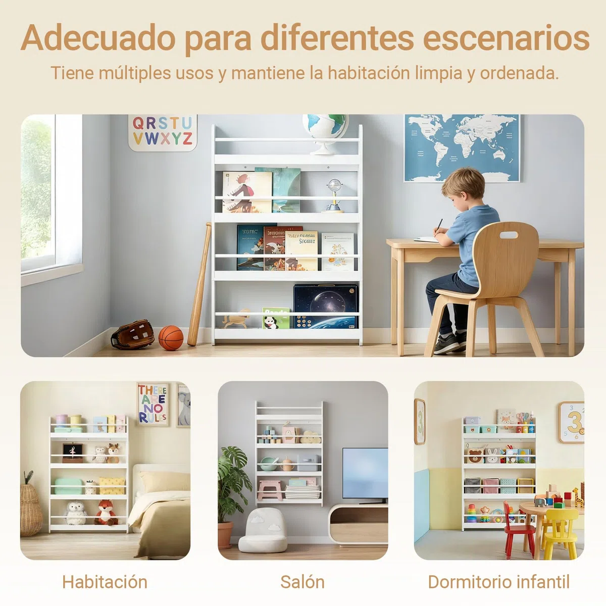 SoBuy Libreria Infantil Montessori Estanteria Libros Infantil de Pared con 4 Niveles Biblioteca para Niño Estanteria Habitacion Organizador Juguetes Blanco 80x12x118cm KMB08-II-W
