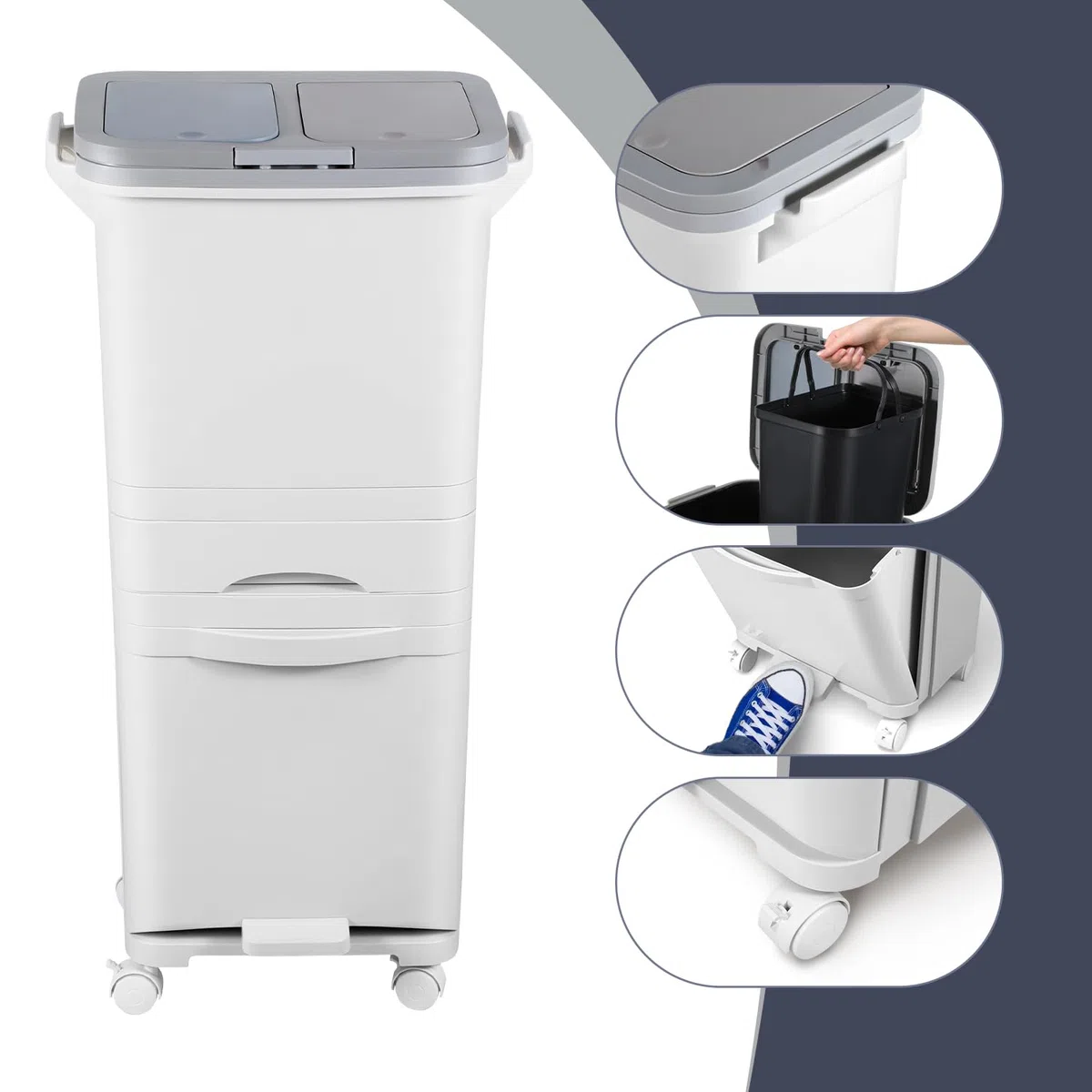 Cubo de basura de cocina con 3 compartimentos, 42 L, para cocina en seco y húmedo, con tapa, con tapa sobre ruedas, para cocina, apartamento, oficina, color blanco