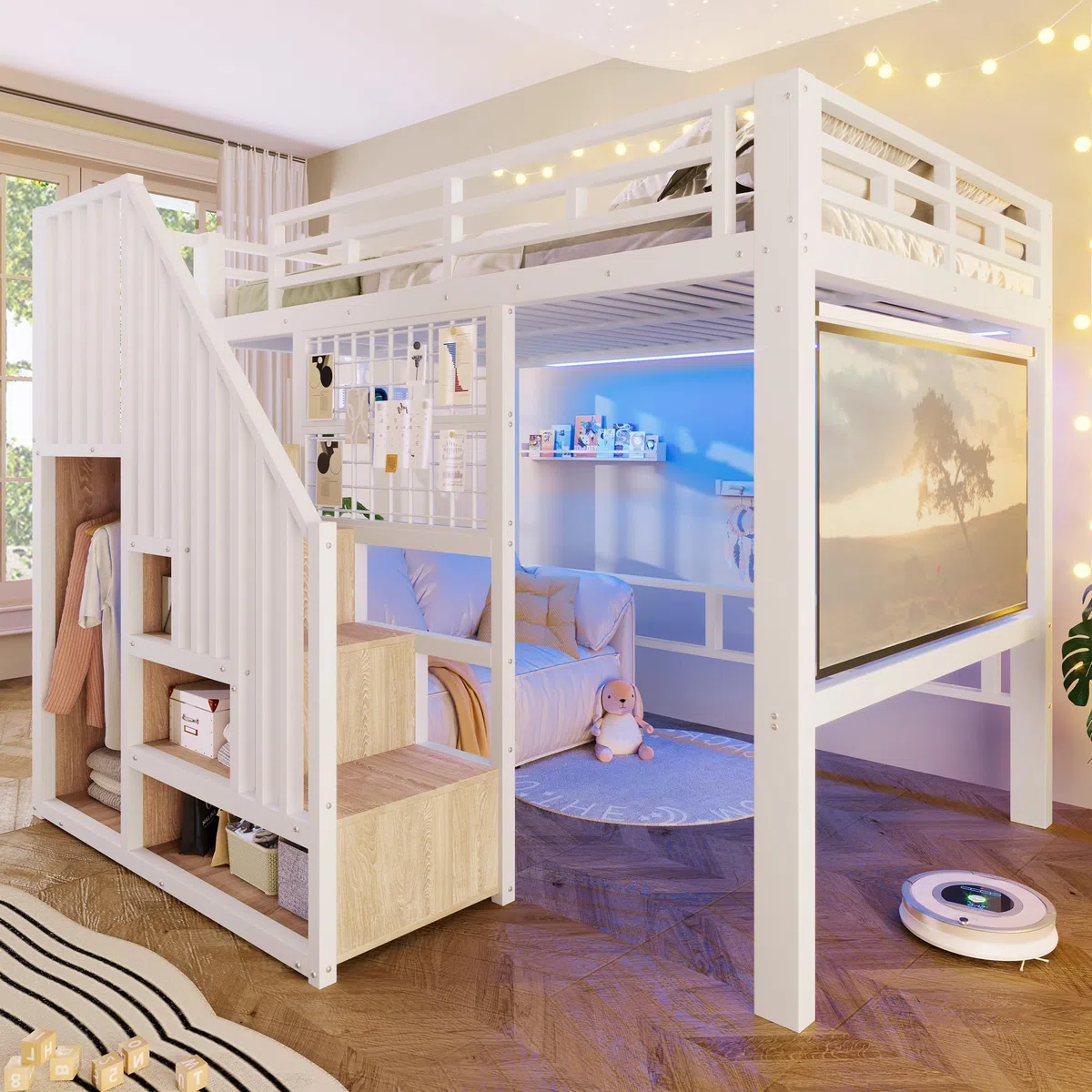 Azkoeesy Cama alta de metal con escalera de seguridad, barra para colgar, luces LED controlable mediante aplicación, panel de rejilla, ahorro de espacio, adolescentes y adultos (blanco, 140 x 200)