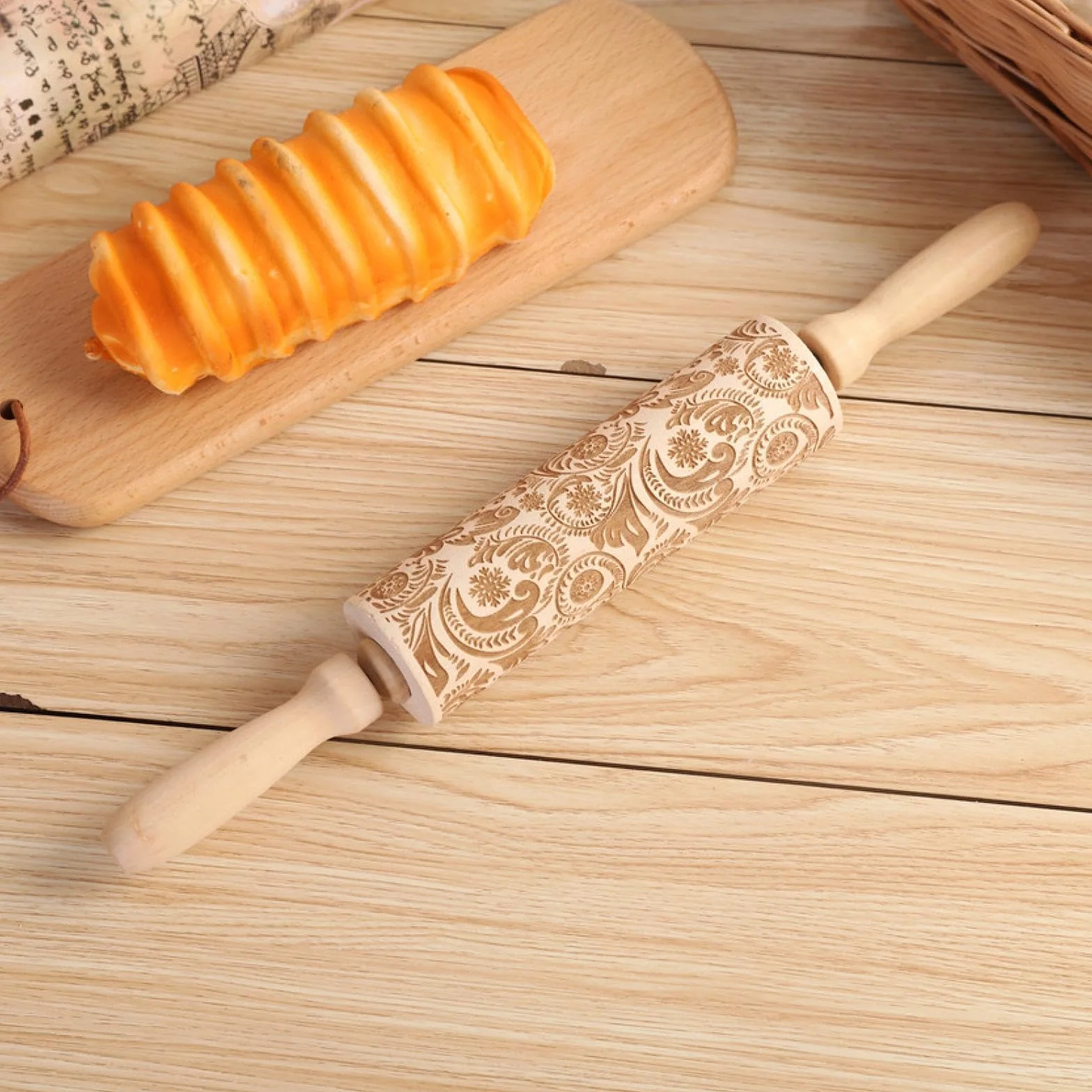 Rodillo para repujar， Rodillo de amasar 3D con diseño de flores/animales Rodillo de amasar de madera grabado for Navidad Hecho en casa(Model6)