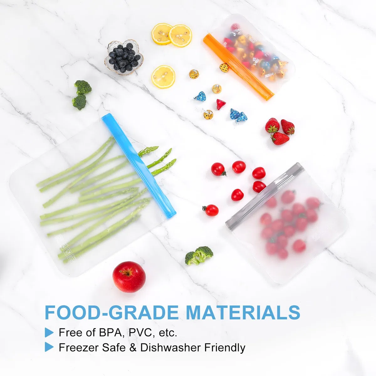 Lerine Paquete de 24 bolsas reutilizables aptas para lavavajillas, bolsas reutilizables a prueba de fugas, bolsas de almacenamiento de alimentos sin BPA para almuerzo, carne, verduras (6 galones, 9