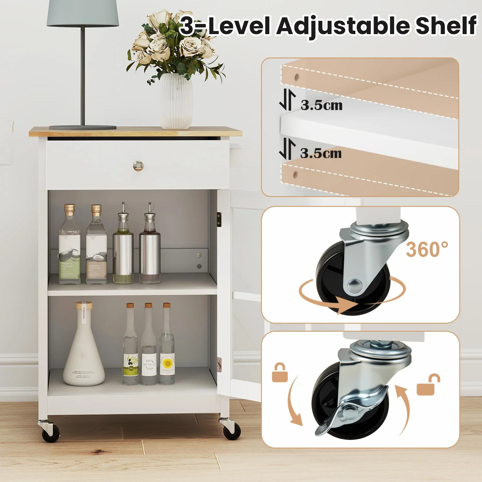 KOMFOTTEU Carrito de Cocina con Ruedas, Carro de Servicio con Cajón, Puerta de Vidrio Templado, Toallero, Tablero de Madera de Caucho, Mesa de Bar Móvil con Estante Ajustable para Salón