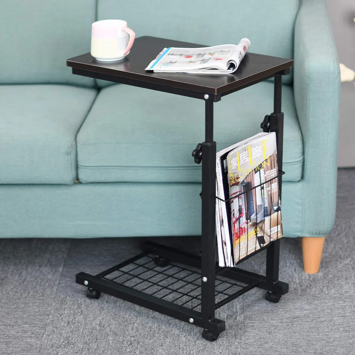 sogesfurniture Mesa de Ordenador Portatil Mesa Auxiliar con Ruedas, Altura Ajustable, Mesas de Centro Escritorio Compacta para Cama o Sofá, 48x30x56-76 cm, Negro BHEU-C6-BK