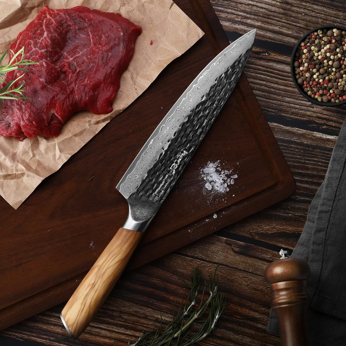 hecef Cuchillo de Cocina Damasco 20 cm con Mango de Madera de Olivo | Cuchillo japonés profesional, cuchillo cebollero chef con 67 capas de acero Damasco para carne y verduras