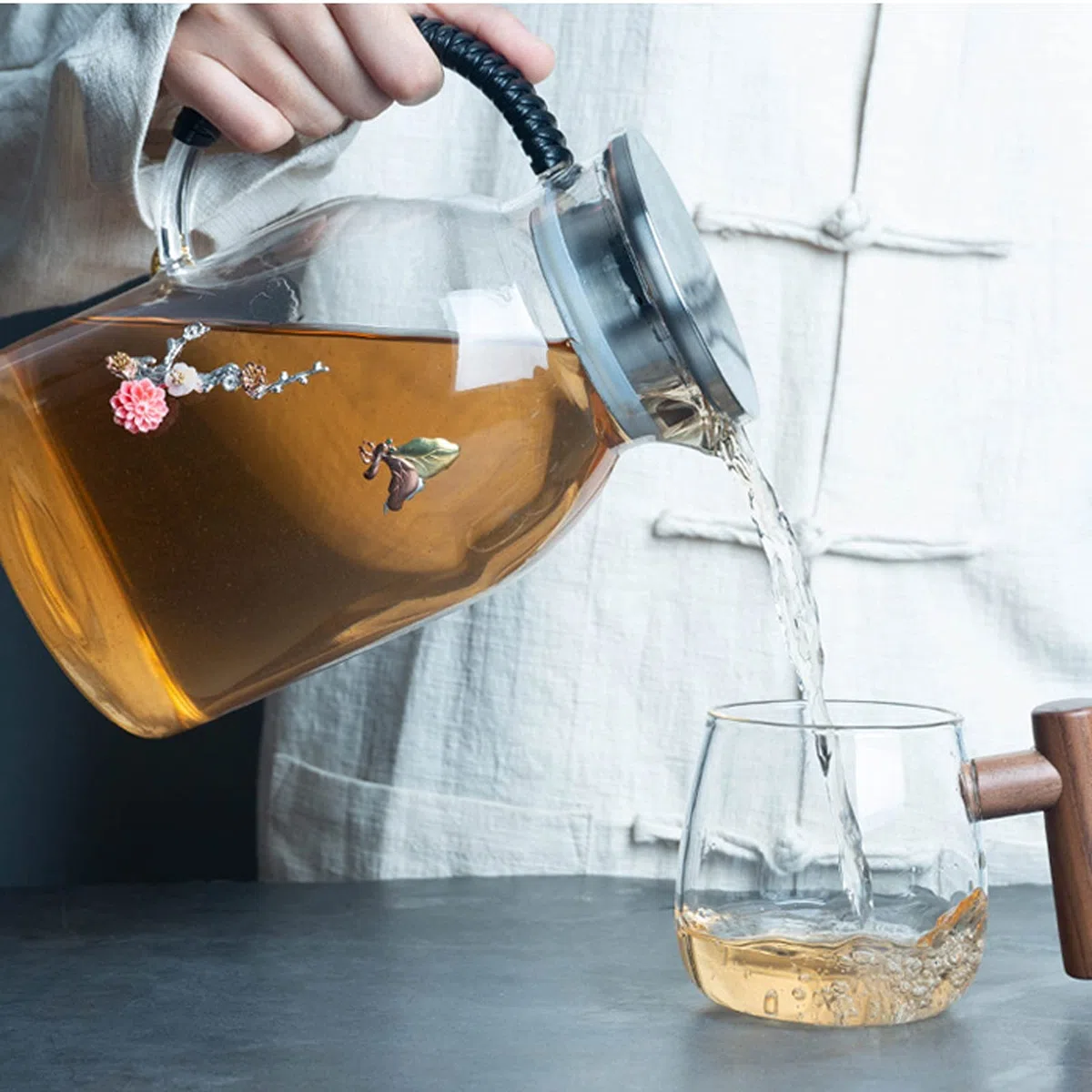 GRFIT Jarra Jarra de Plata con Incrustaciones de Vidrio con Mango Anti-escaldado Jarrafa de Gran Capacidad con Tapa de Acero Inoxidable Tetera de la Tetera Jugo Jugado Jarra de Agua