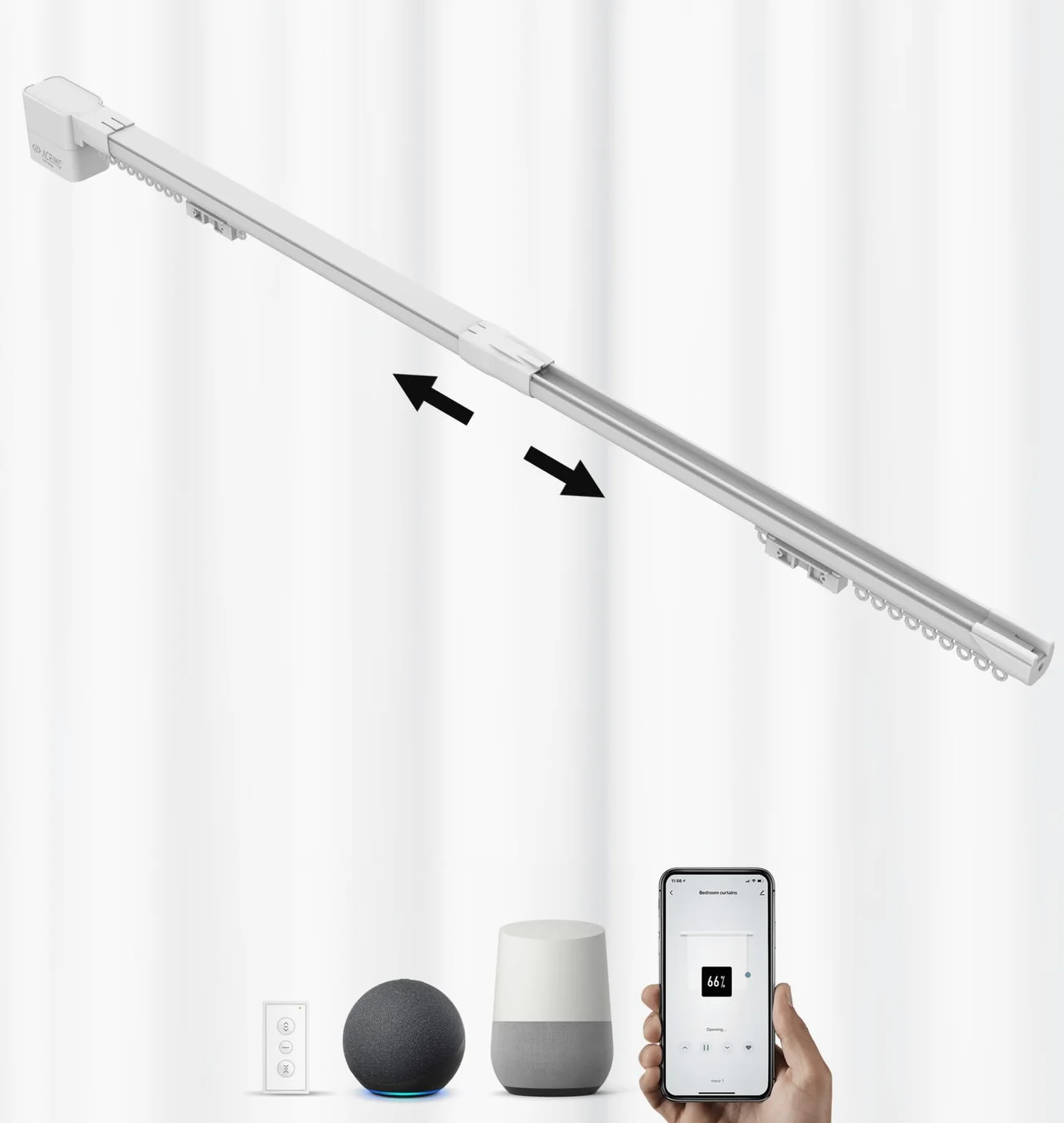 Riel de Cortina Extensible Motorizado Ancho 1-1,6 Metros FabTrack | Apertura Central de las Cortinas, Motor Wifi y Control Remoto, Compatible con Google Home, Alexa y App Tuya Smart