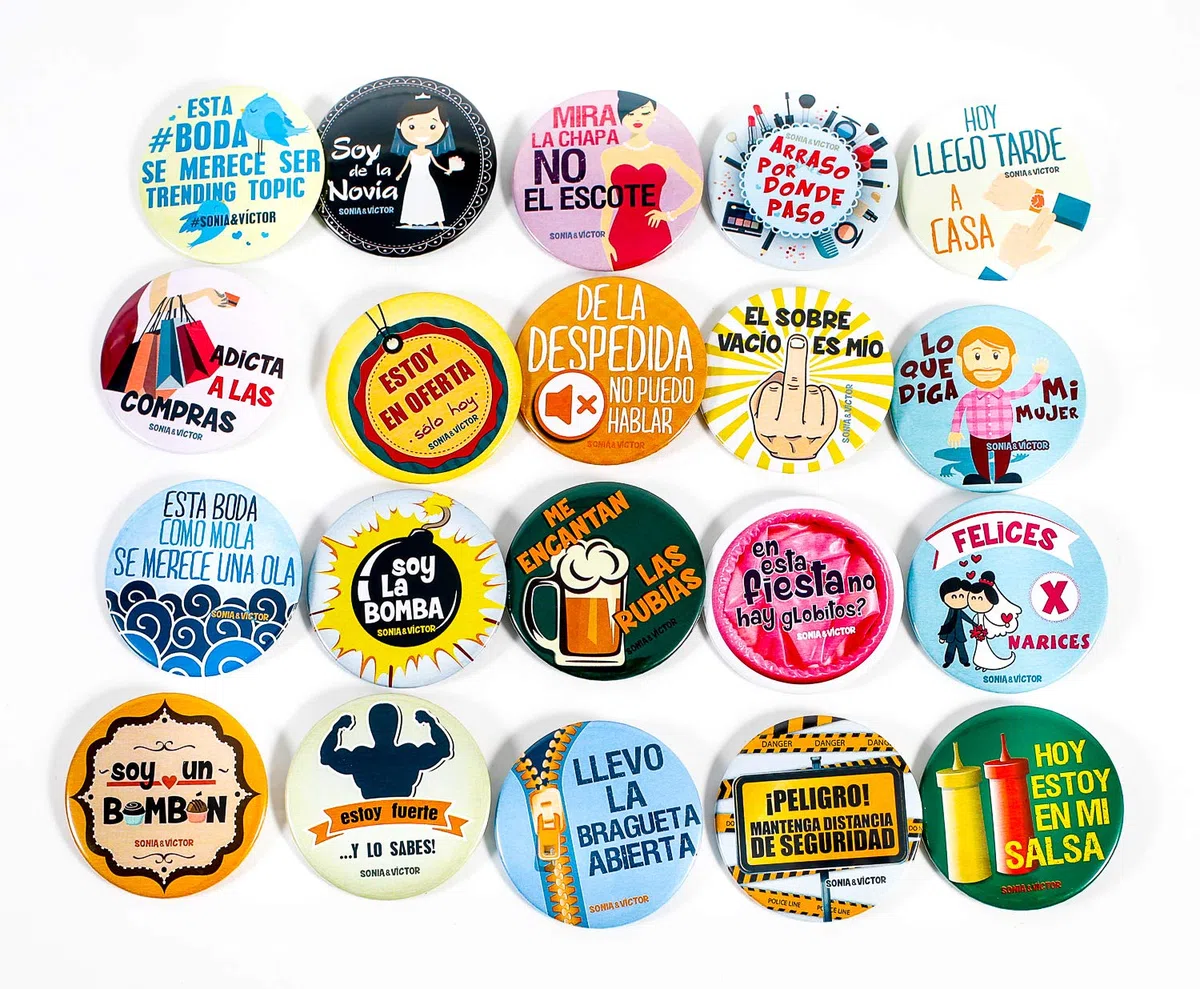 100 Chapas con 100 frases diferentes para bodas Pack de alfiler Regalo Invitados Divertido Personalizado Detalle