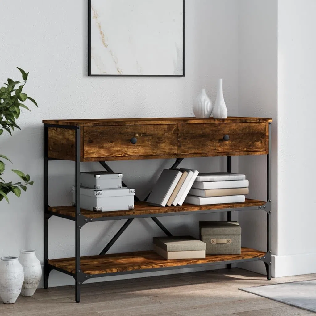 Mesa consola clásica de madera con estructura de acero, 2 cajones y estantes para almacenamiento, mesa auxiliar para salón y pasillo