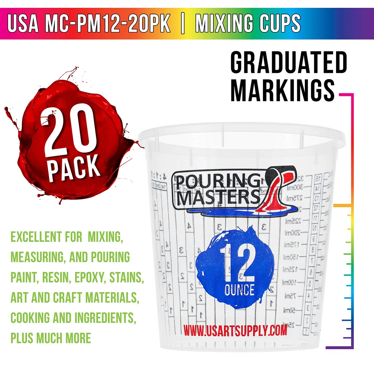 Pouring Masters Vasos de mezcla de plástico graduados de 350 ml (caja de 20) – Vasos de mezcla de pintura para resina epoxi, arte, cocina, horneado – Medidas en onzas y ml, 4 proporciones de medición