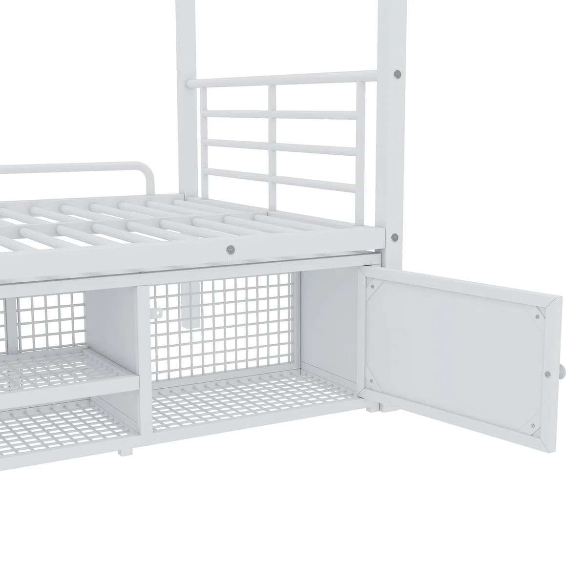 Litera doble, zapatero abierto, armario de almacenamiento de dos puertas, adecuado para niños y adolescentes, con escalera lateral y barandilla de seguridad, hierro forjado, sin colchón, 90 x 200 cm