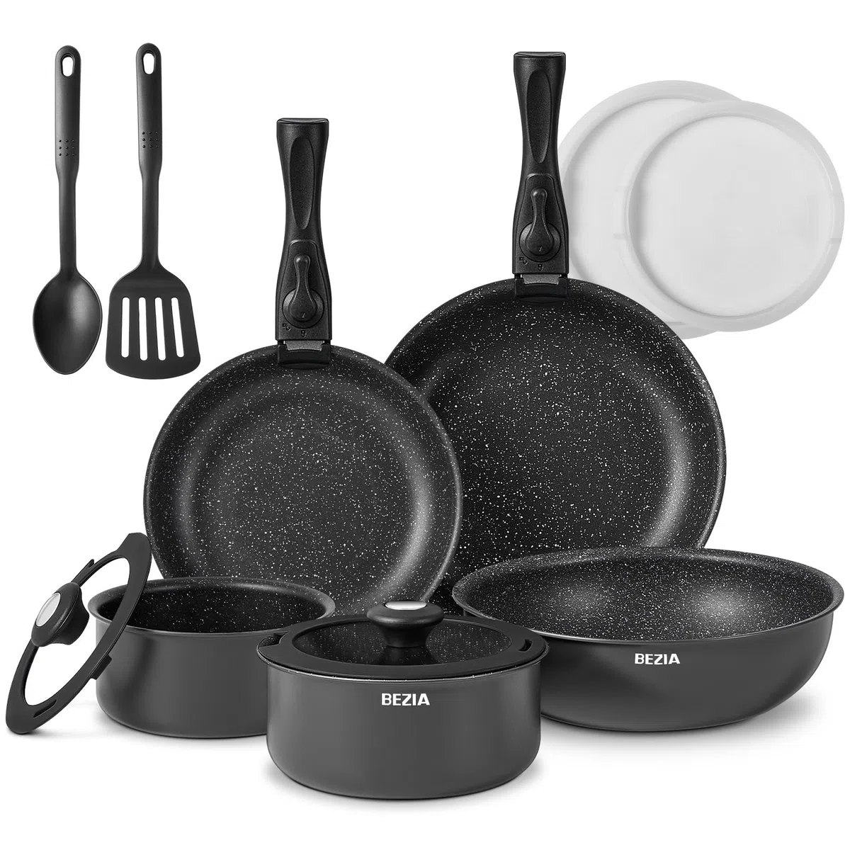BEZIA Juego de Ollas y Sartenes 13 piezas, Sartenes Mango Extraíble, Batería de Cocina Antiadherente, sin PFOA y PFOS, apilable para todo tipo de cocinas, apto Lavavajillas y Horno