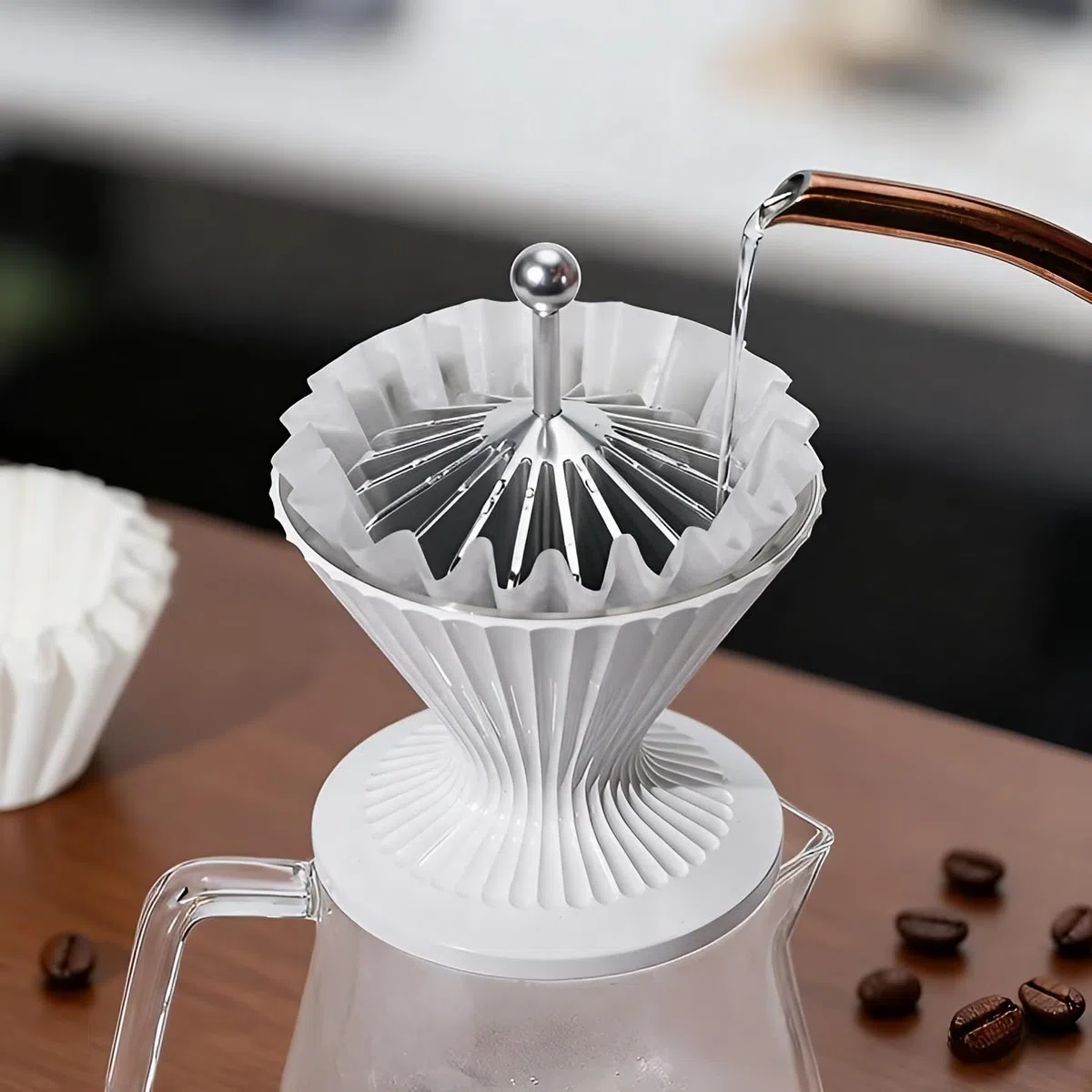 Prensatelas de metal para filtro de café, soporte para cesta de papel, para verter sobre café (plateado)