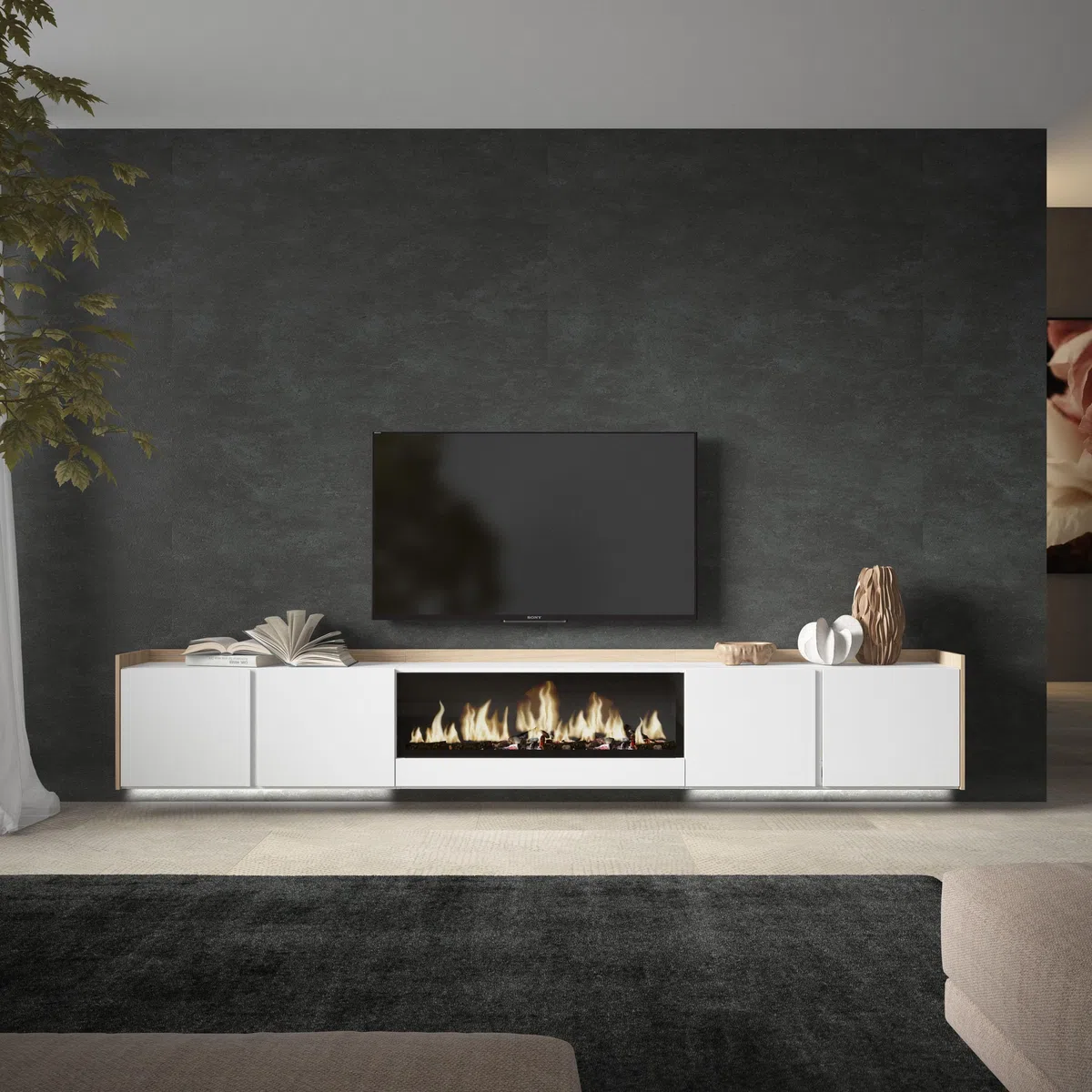 Skraut Home | Mueble TV | Muebles de salón, almacenaje | 315x50x35 cm | para televisión hasta 80" | Chimenea eléctrica XXL | Colgado, Suspendido | LED | Estilo Moderno | Blanco y Roble Soft