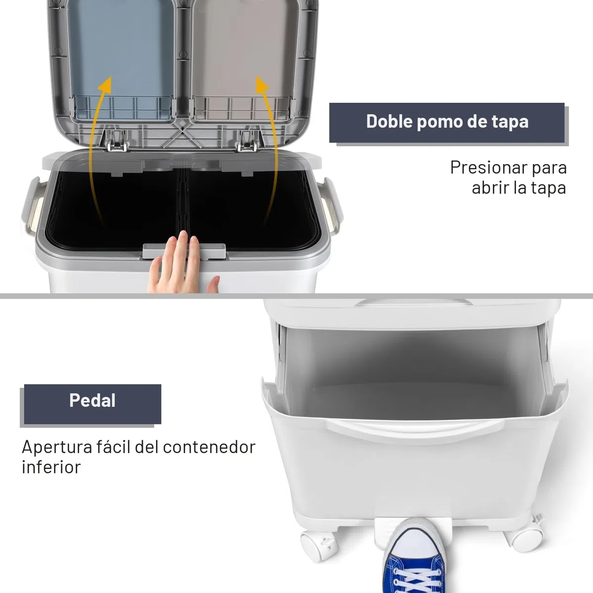 Cubo de basura de cocina con 3 compartimentos, 42 L, para cocina en seco y húmedo, con tapa, con tapa sobre ruedas, para cocina, apartamento, oficina, color blanco