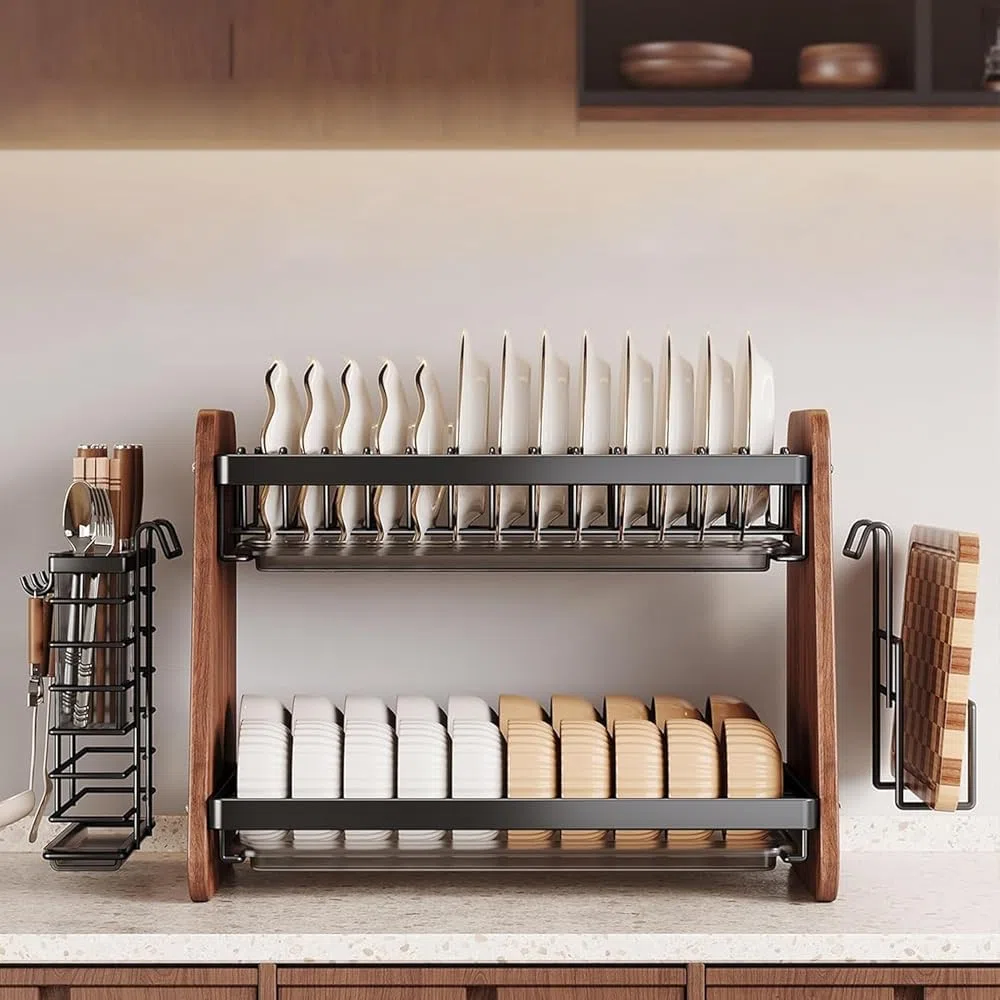 Escurridor de platos de madera de 2 niveles con accesorios de acero inoxidable, escurridor de platos de encimera con soporte extraíble para cubiertos para fregadero de cocina