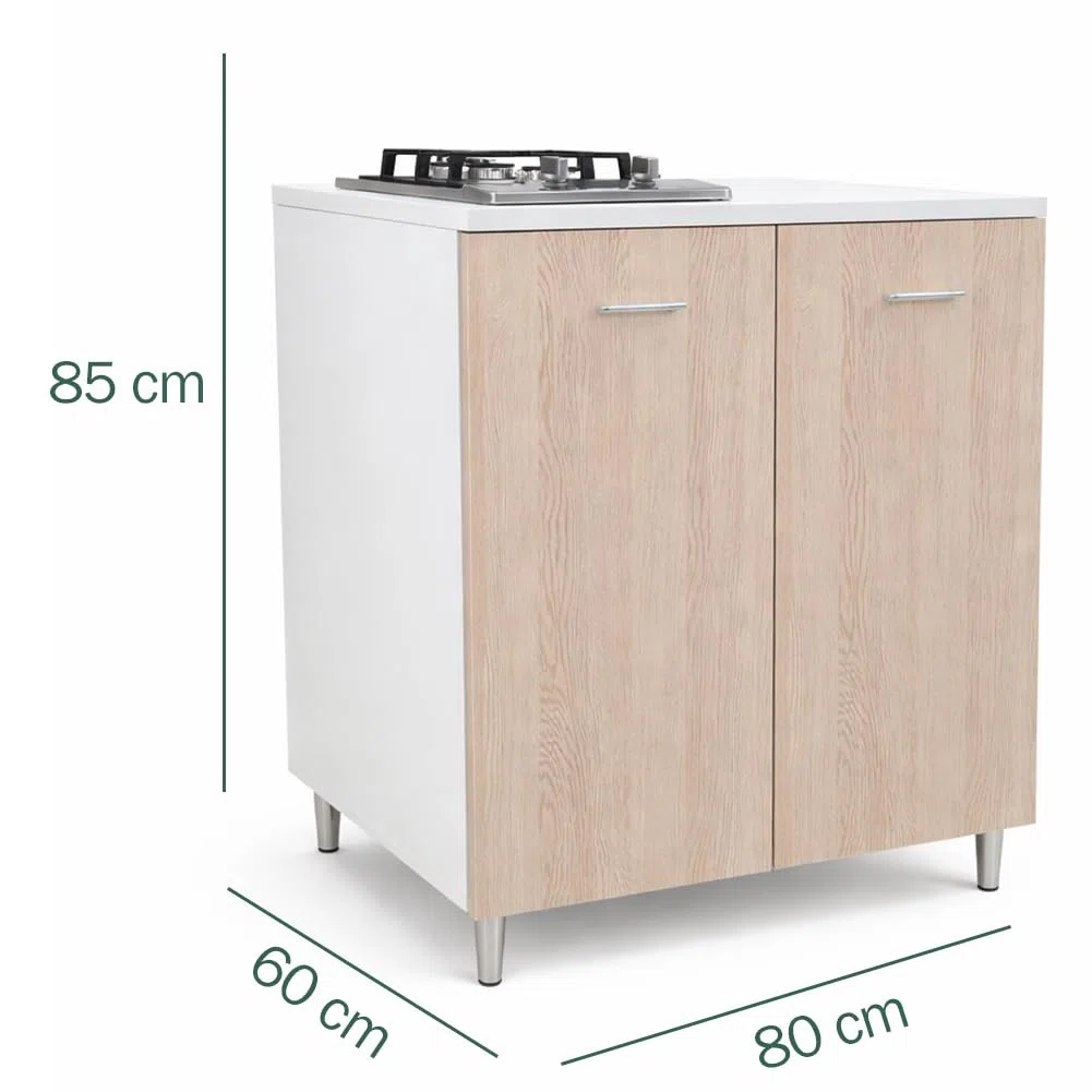 Shally Dogan Mueble base de cocina 2 puertas 80 x 60 x 85 cm con placa de cocción a gas 2 fuegos, placas de hierro fundido resistentes, montaje con patas fijas o ruedas, kit completo monobloque (Olmo)