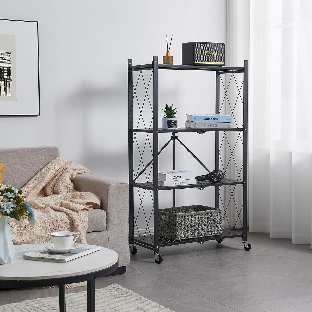 BRIAN & DANY Estanteria Plegable con Ruedas 4 Niveles, Negro Estante de Almacenaje Plegables de Metal, Carga Pesada Estante Plegable para Cocina, Oficina, Garaje, 71 x 34 x 126 cm