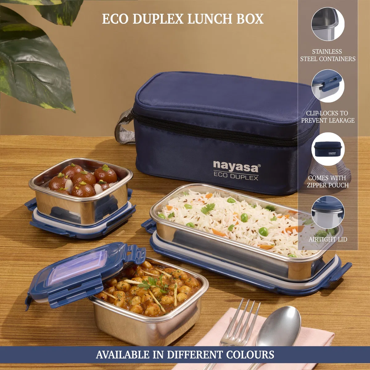 Nayasa Lonchera Eco Duplex de acero inoxidable, azul, 350 ml