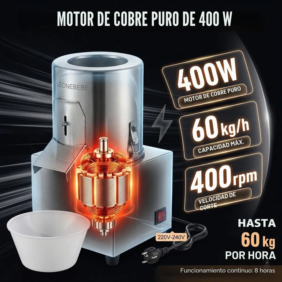 Picadora Eléctrica Profesional, Cortadora de Verduras y Picadora de Carne, Procesador de Alimentos en Acero Inoxidable, 400W, 220V, Capacidad 40-60 kg/h, Ideal para Restaurantes y Cocina Doméstica