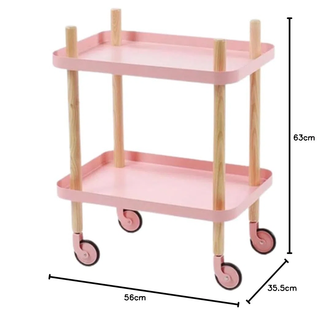 Craftelier - Carrito Auxiliar de Organización con Ruedas - Diseño de Madera con 2 Bandejas Metálicas para Almacenaje de Objetos de Manualidades, Costura Rosa | 63 x 56 x 35,5 cm