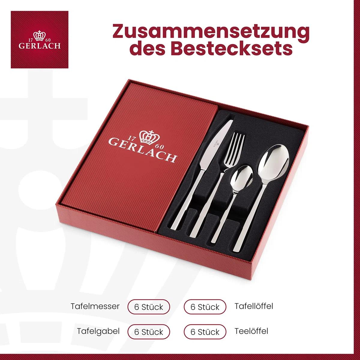 Gerlach Moderno Juego de cubertería para 6 Personas, Apto para lavavajillas, de Acero Inoxidable, Elegantes Cubiertos con Cuchillo, Tenedor, Cuchara y cucharilla, 24 Unidades, Color Plateado