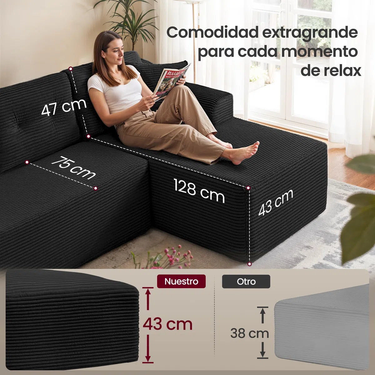 VASAGLE Sofá Esquinero, Sofá Modular de 244 cm, Entrega Compacta, Sin Montaje, con Gran Chaise Longue a la Derecha, para Salón o Habitación de Invitados, Negro, LCS184B101