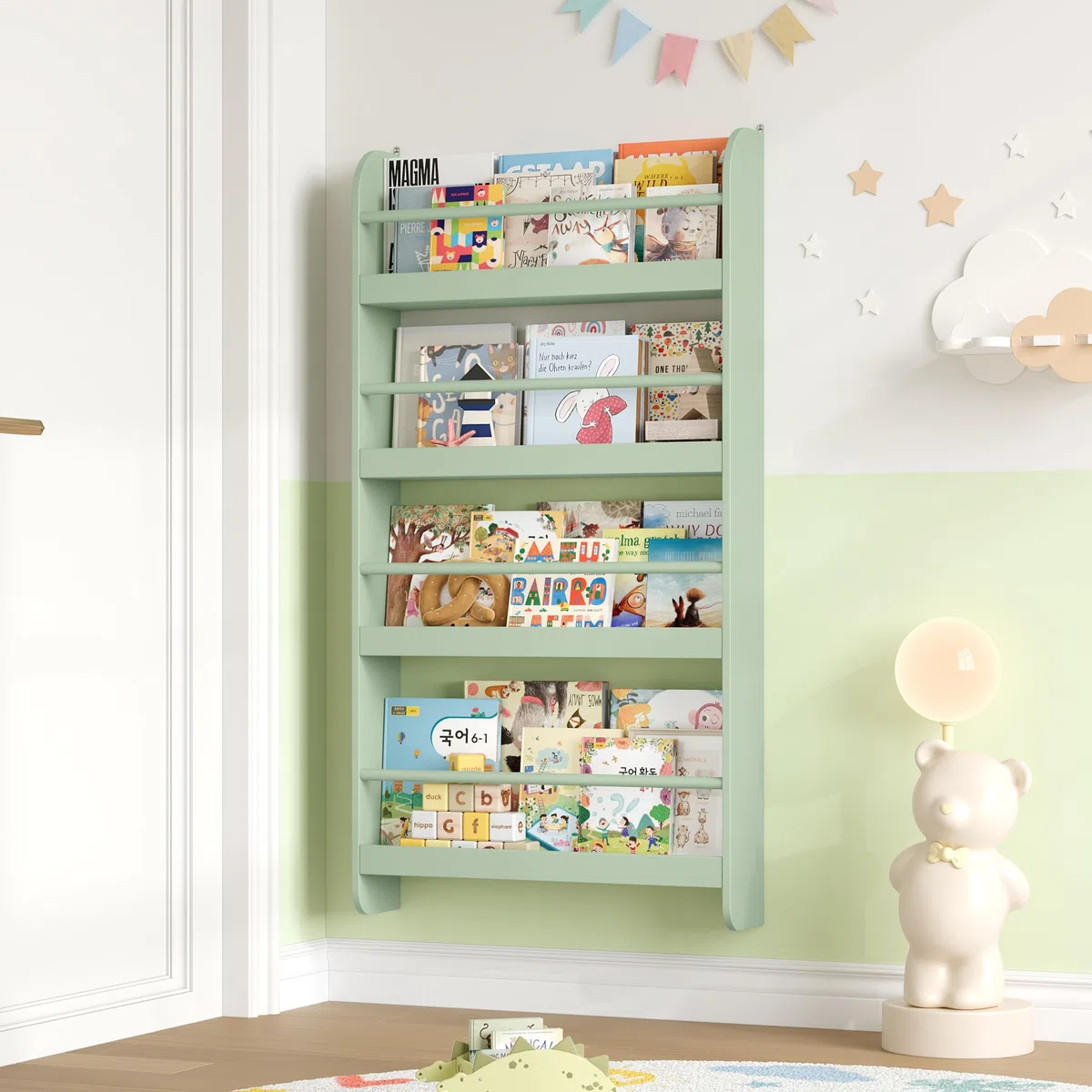 FOREHILL Estantería Infantil Pared, Estantería Infantil Libros, Librería Infantil Montessori, Madera, para Niños, 4 Estantes 111x58x12cm Verde
